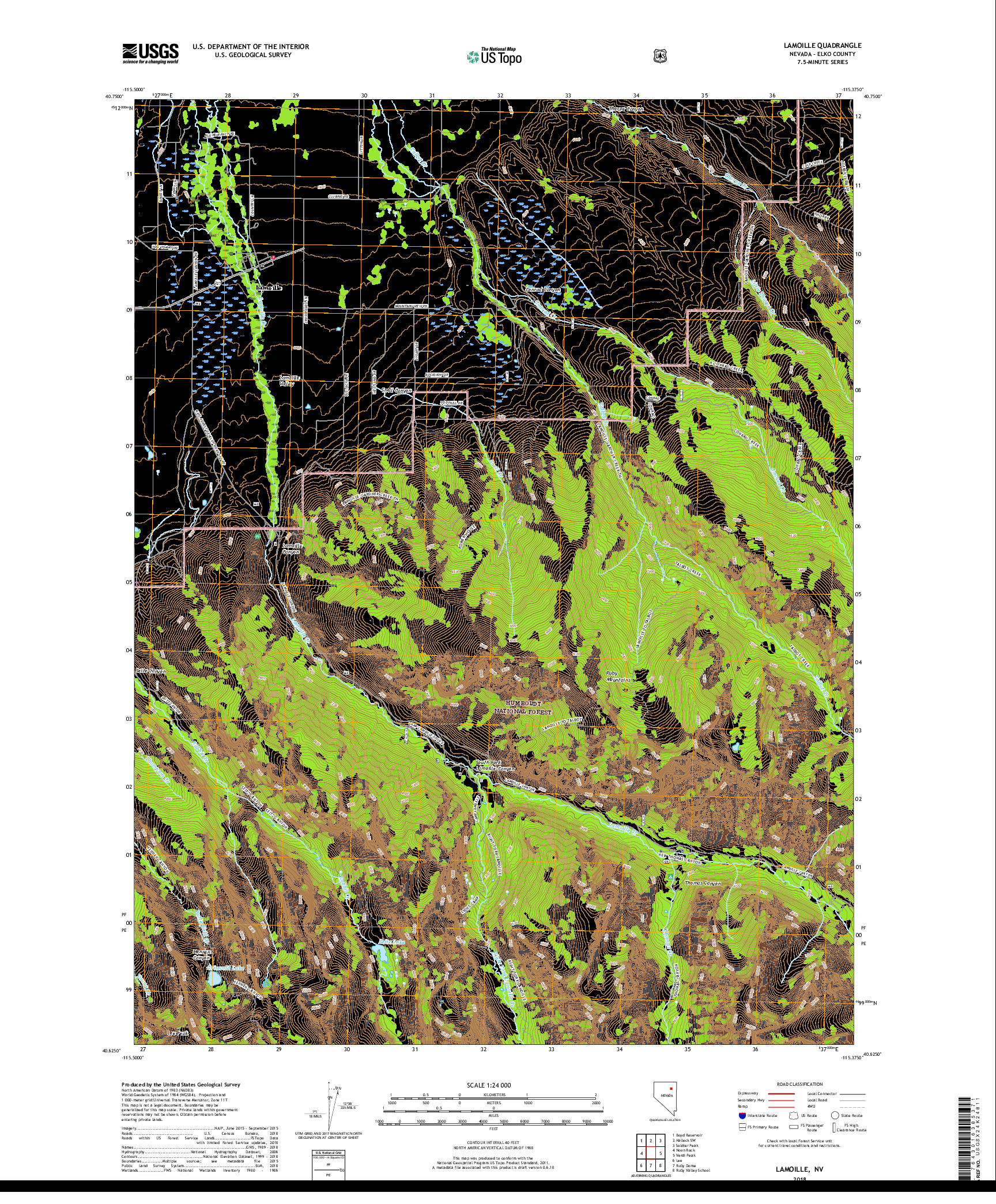 USGS US TOPO 7.5-MINUTE MAP FOR LAMOILLE, NV 2018