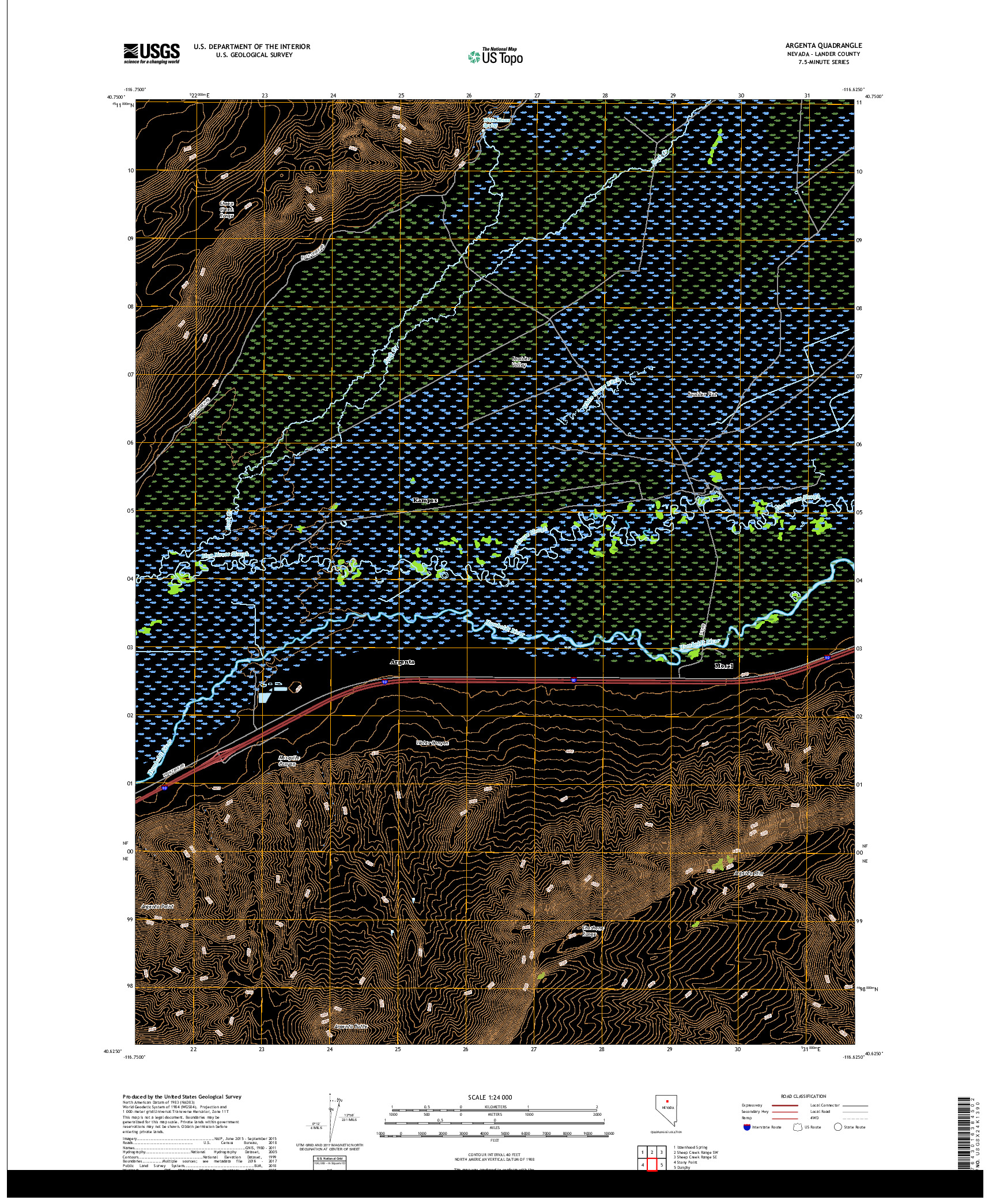 USGS US TOPO 7.5-MINUTE MAP FOR ARGENTA, NV 2018