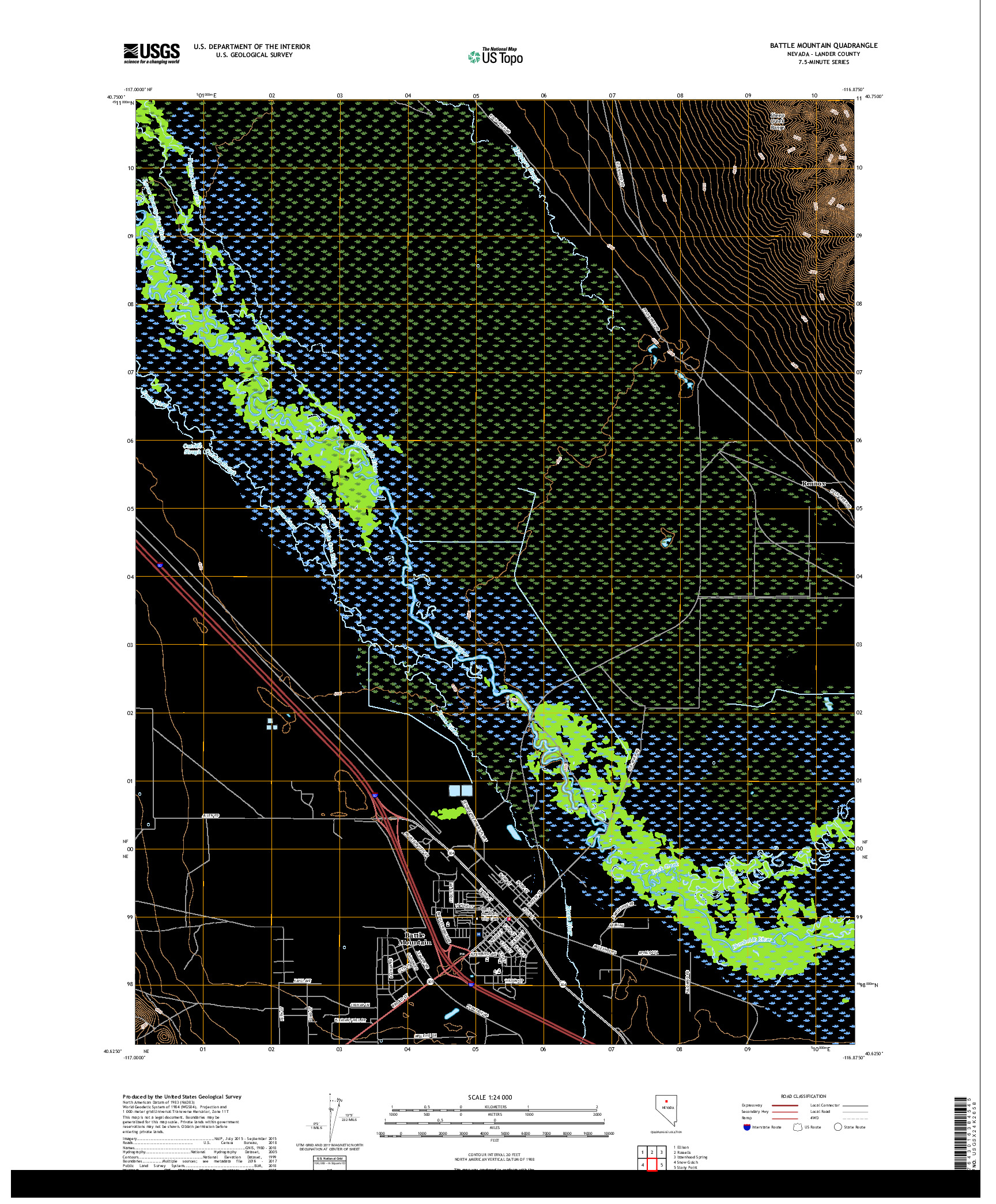 USGS US TOPO 7.5-MINUTE MAP FOR BATTLE MOUNTAIN, NV 2018