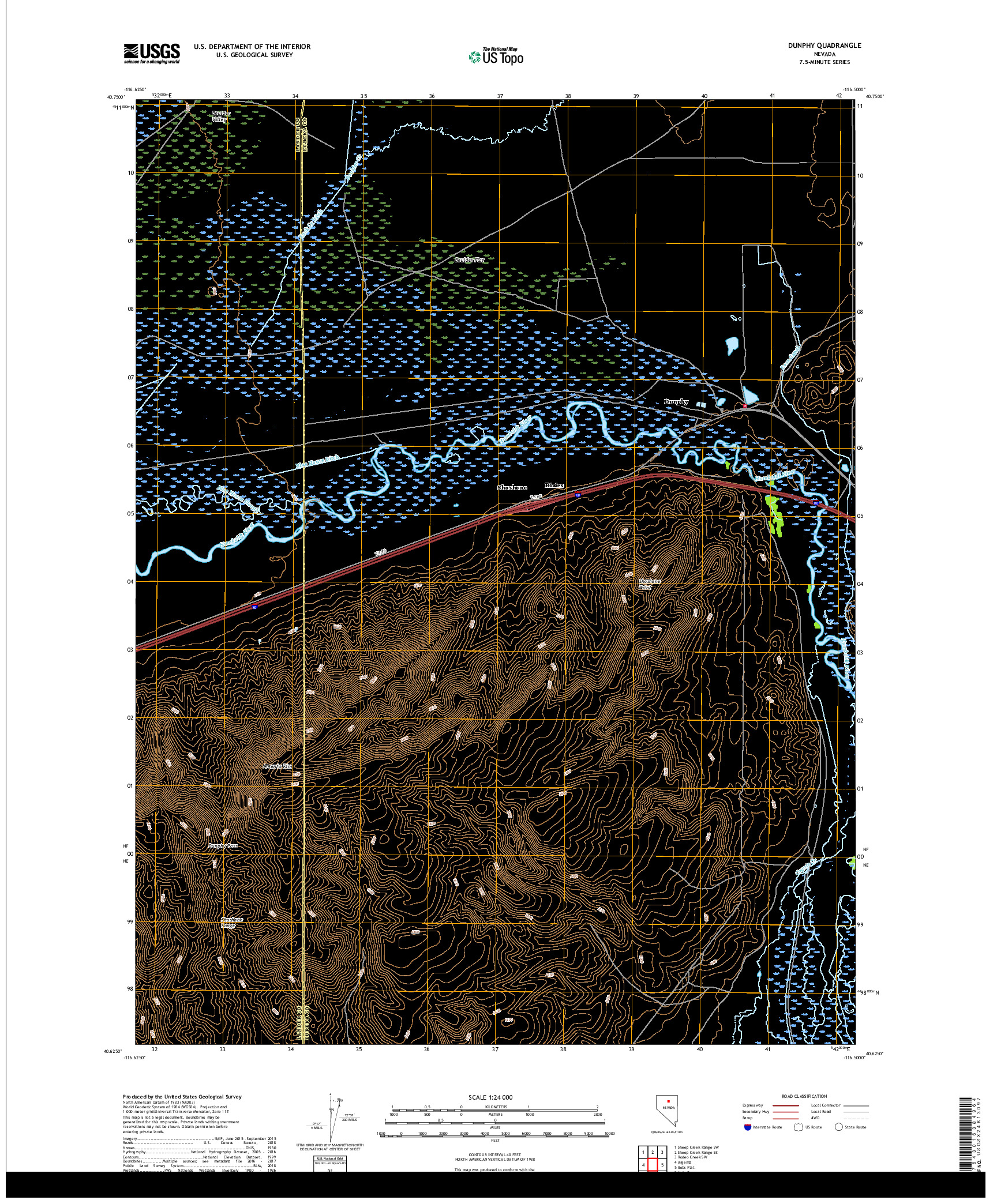 USGS US TOPO 7.5-MINUTE MAP FOR DUNPHY, NV 2018