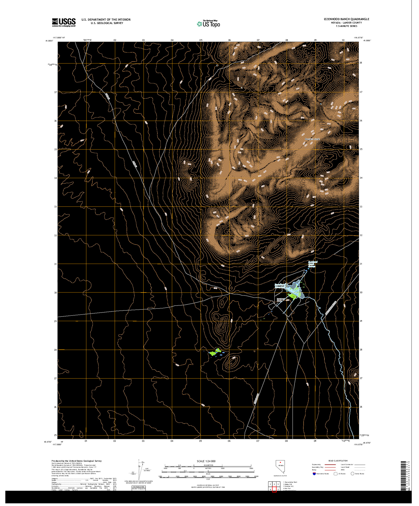 USGS US TOPO 7.5-MINUTE MAP FOR IZZENHOOD RANCH, NV 2018