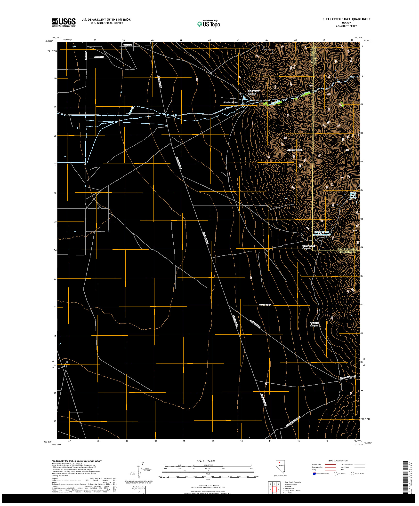 USGS US TOPO 7.5-MINUTE MAP FOR CLEAR CREEK RANCH, NV 2018