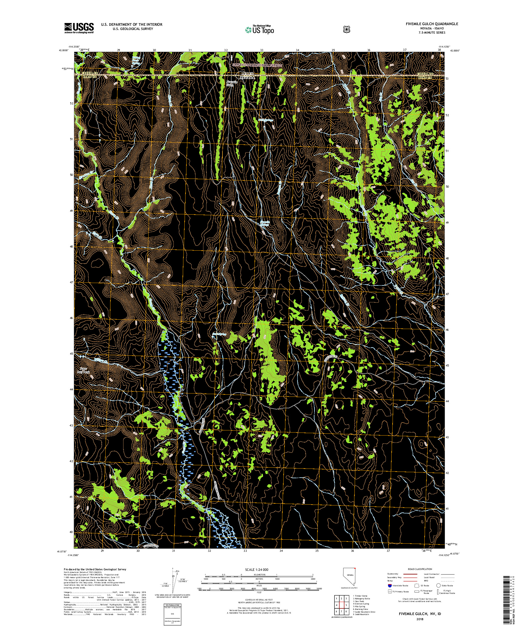 USGS US TOPO 7.5-MINUTE MAP FOR FIVEMILE GULCH, NV,ID 2018