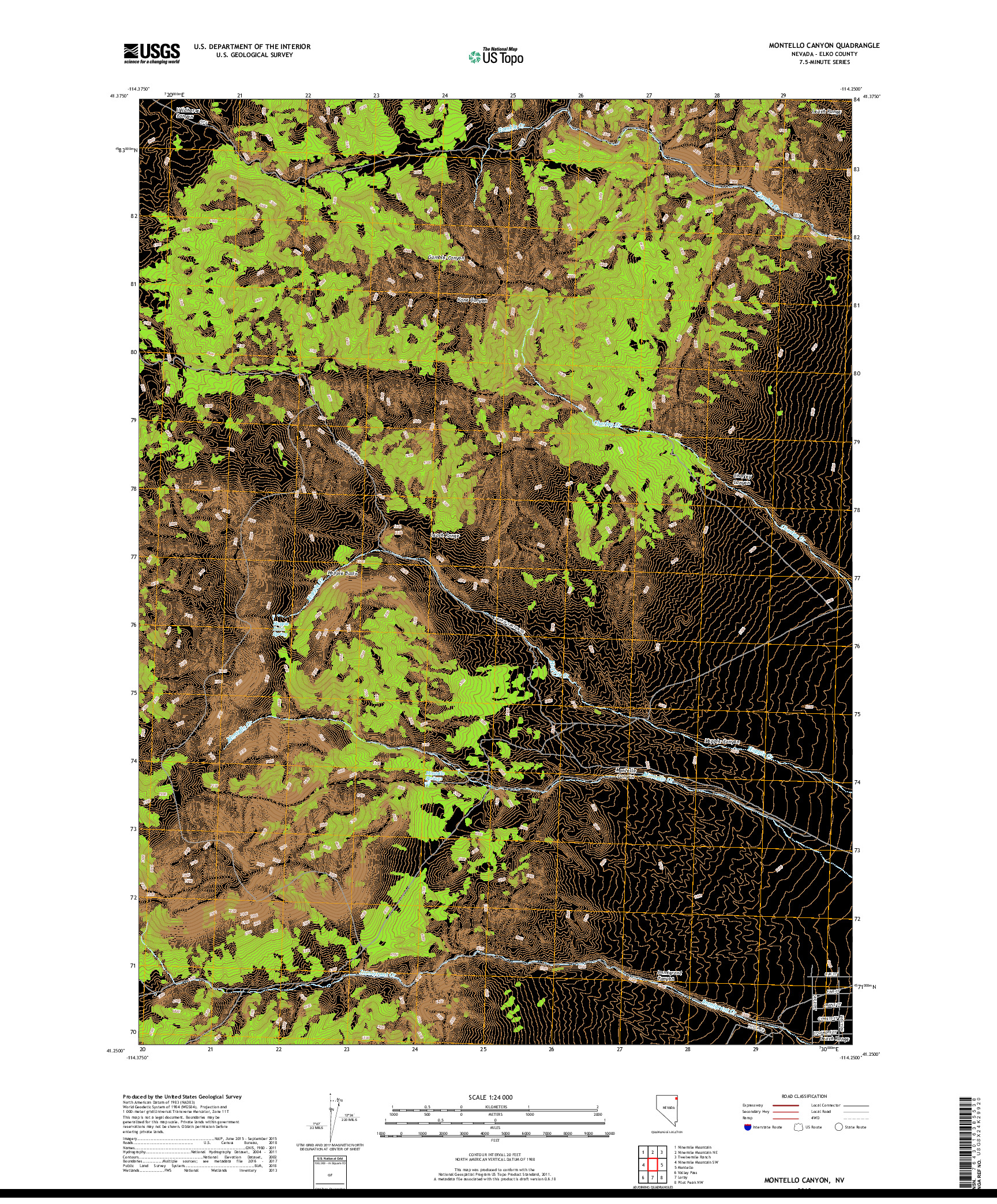 USGS US TOPO 7.5-MINUTE MAP FOR MONTELLO CANYON, NV 2018