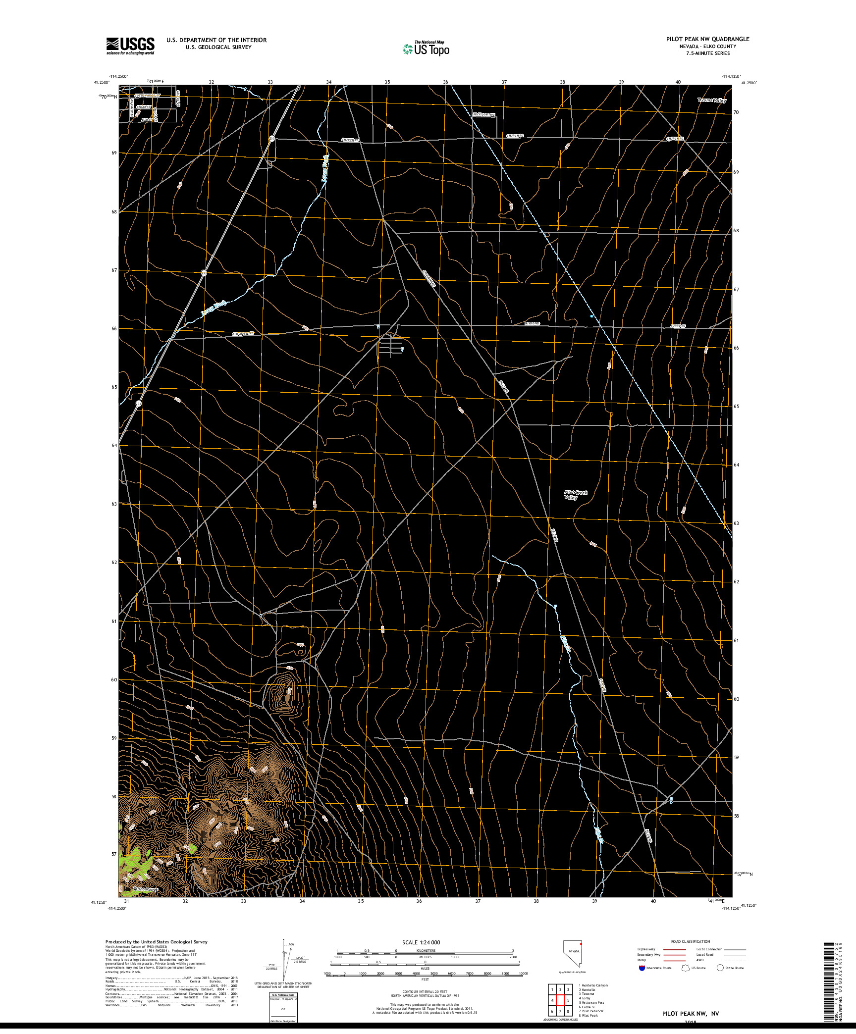 USGS US TOPO 7.5-MINUTE MAP FOR PILOT PEAK NW, NV 2018