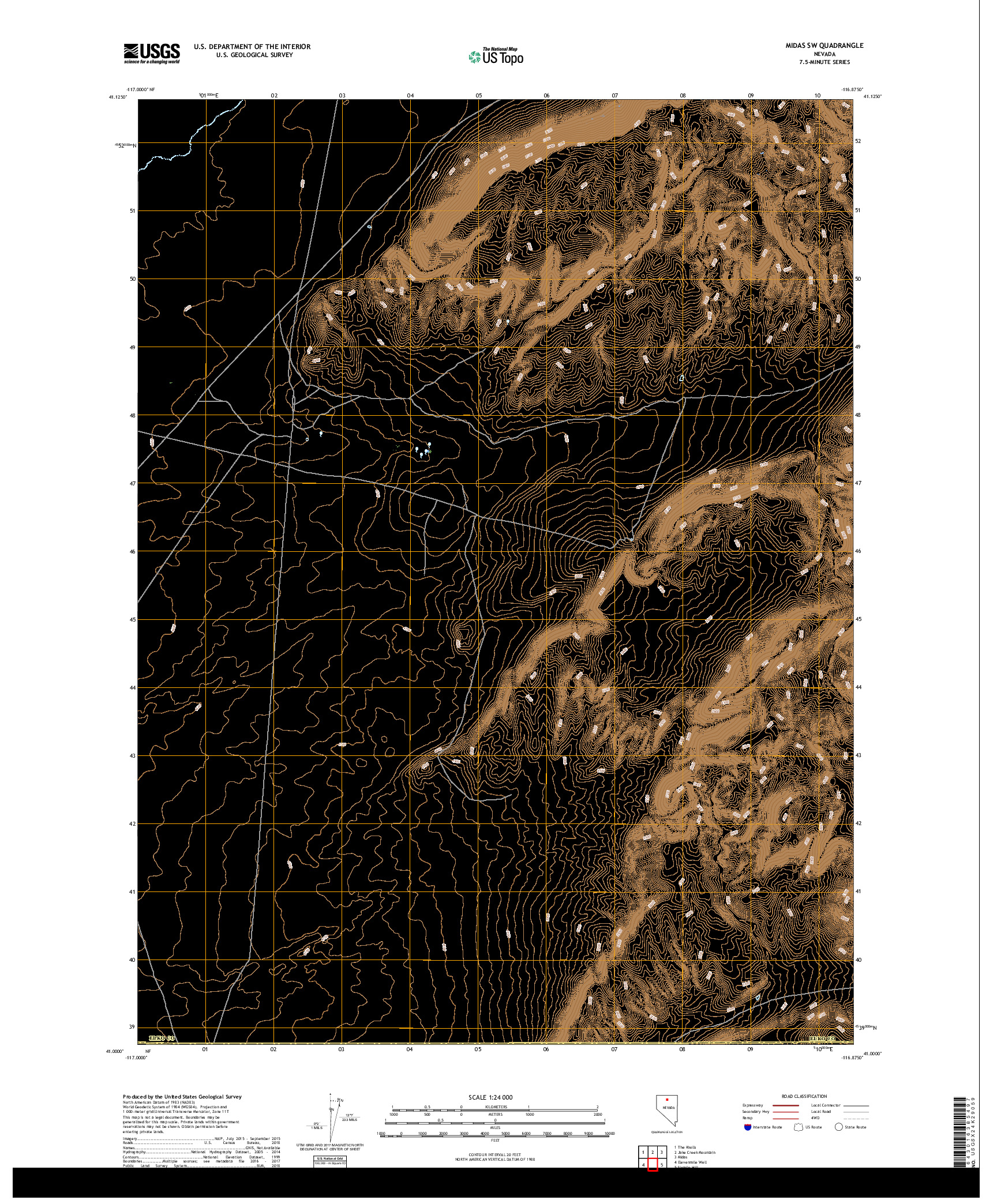 USGS US TOPO 7.5-MINUTE MAP FOR MIDAS SW, NV 2018
