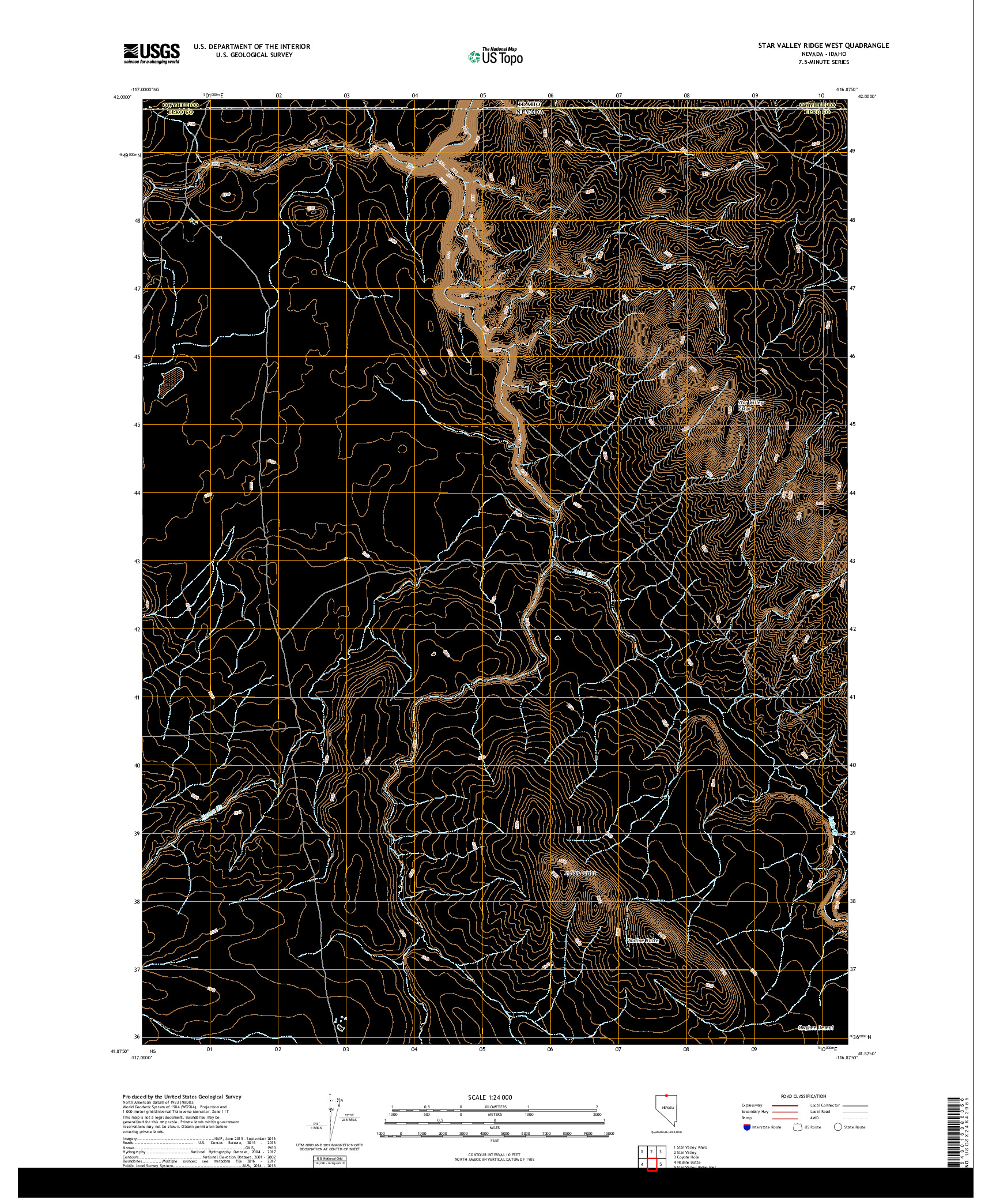 USGS US TOPO 7.5-MINUTE MAP FOR STAR VALLEY RIDGE WEST, NV,ID 2018