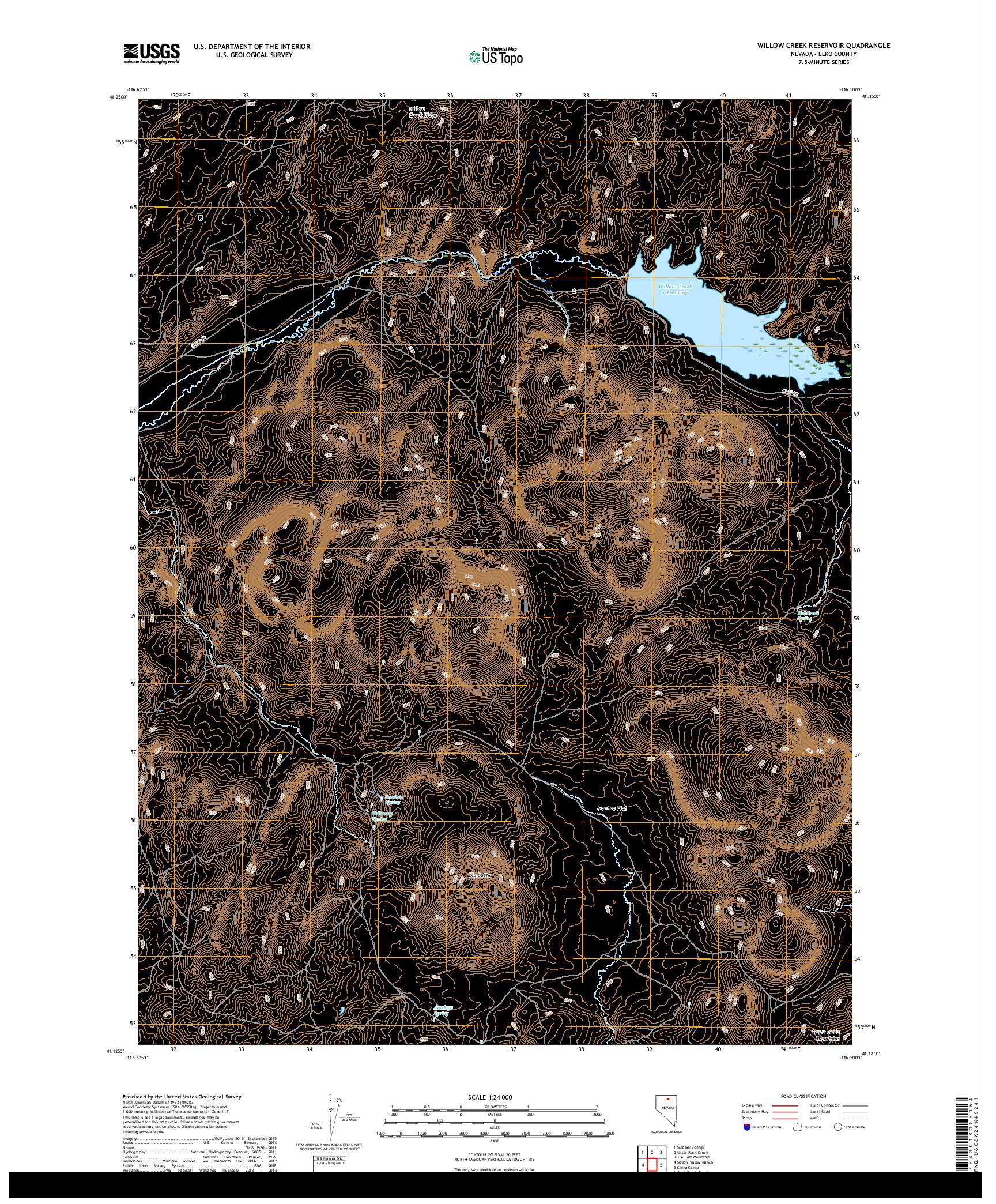 USGS US TOPO 7.5-MINUTE MAP FOR WILLOW CREEK RESERVOIR, NV 2018