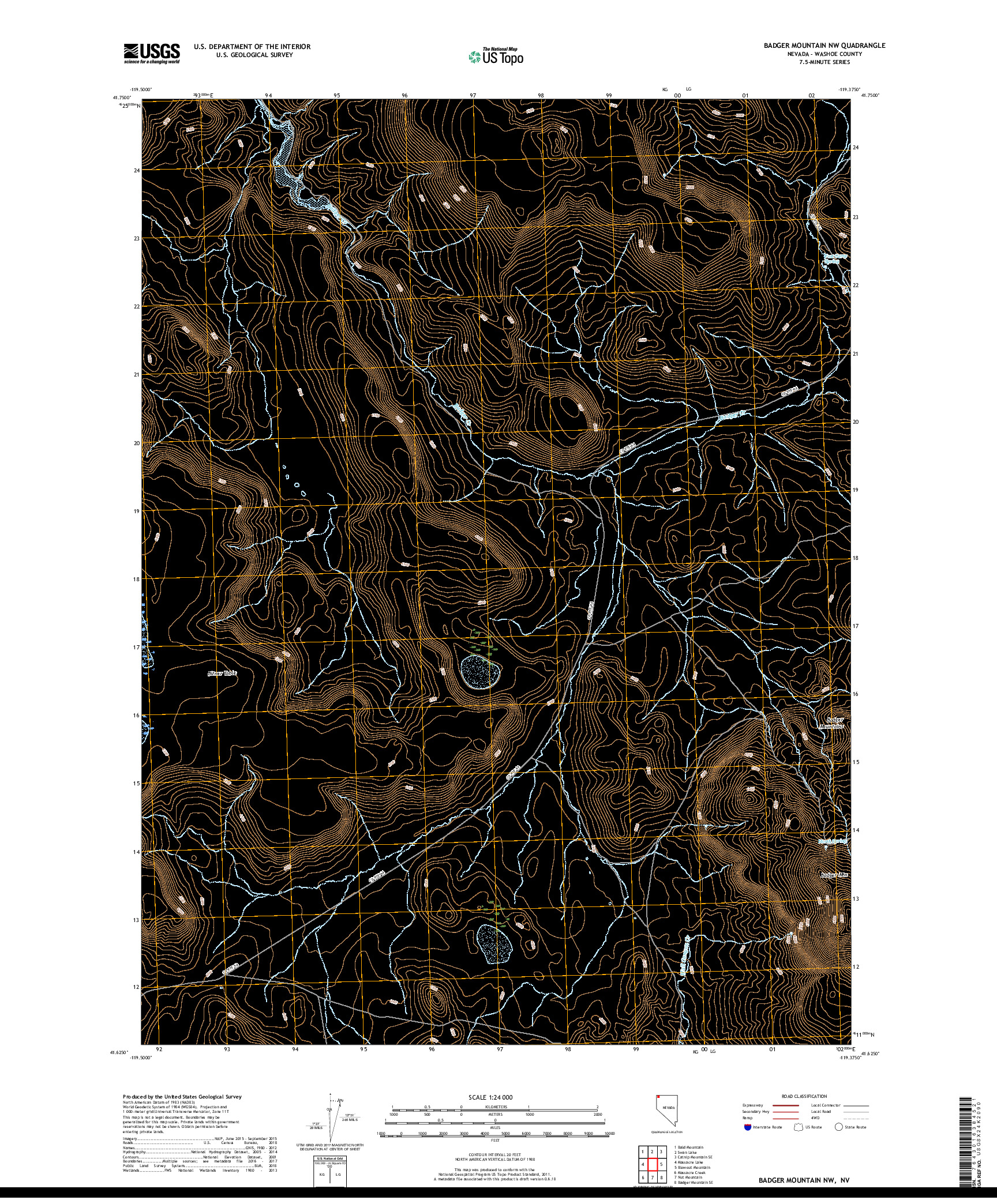 USGS US TOPO 7.5-MINUTE MAP FOR BADGER MOUNTAIN NW, NV 2018