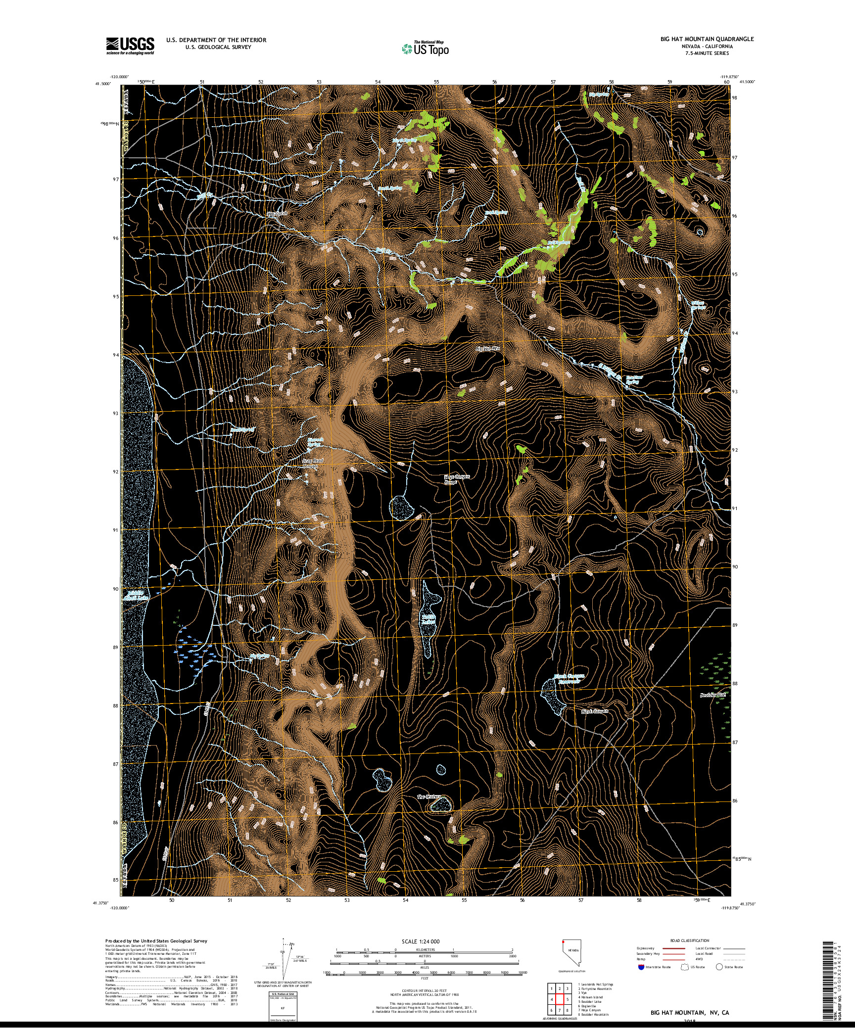 USGS US TOPO 7.5-MINUTE MAP FOR BIG HAT MOUNTAIN, NV,CA 2018