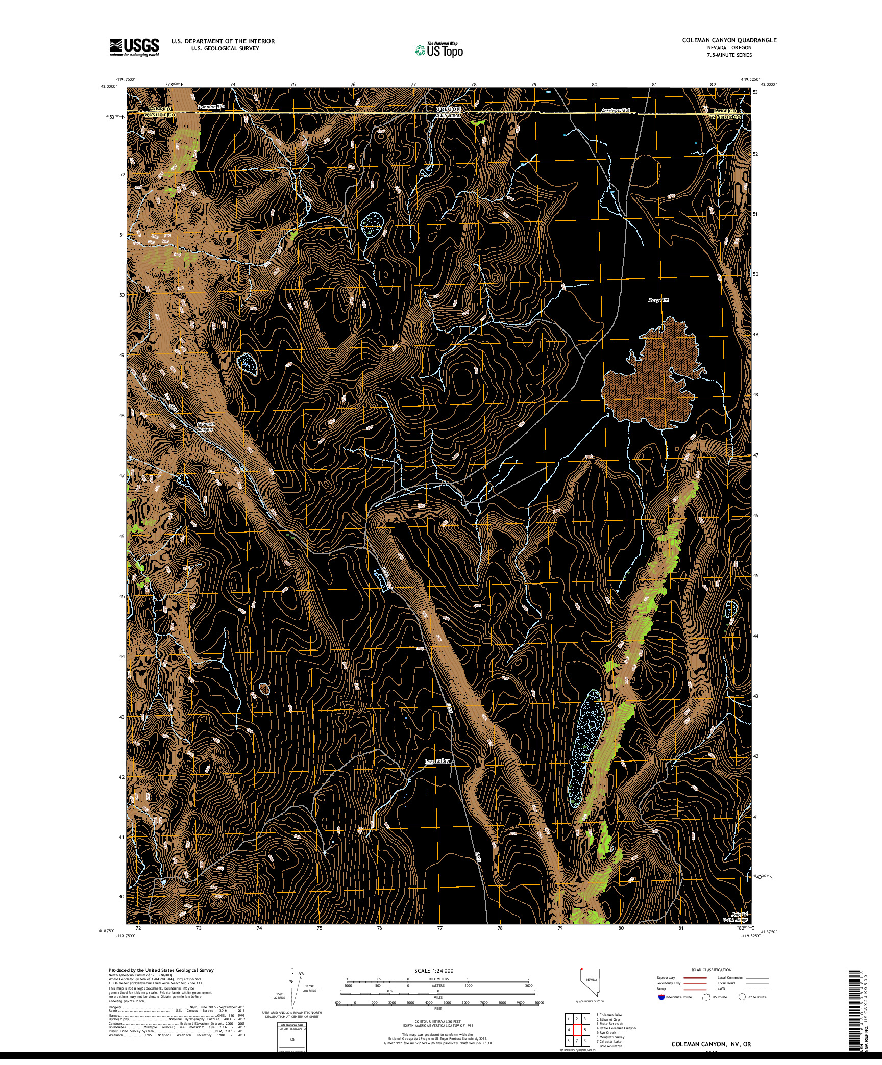 USGS US TOPO 7.5-MINUTE MAP FOR COLEMAN CANYON, NV,OR 2018