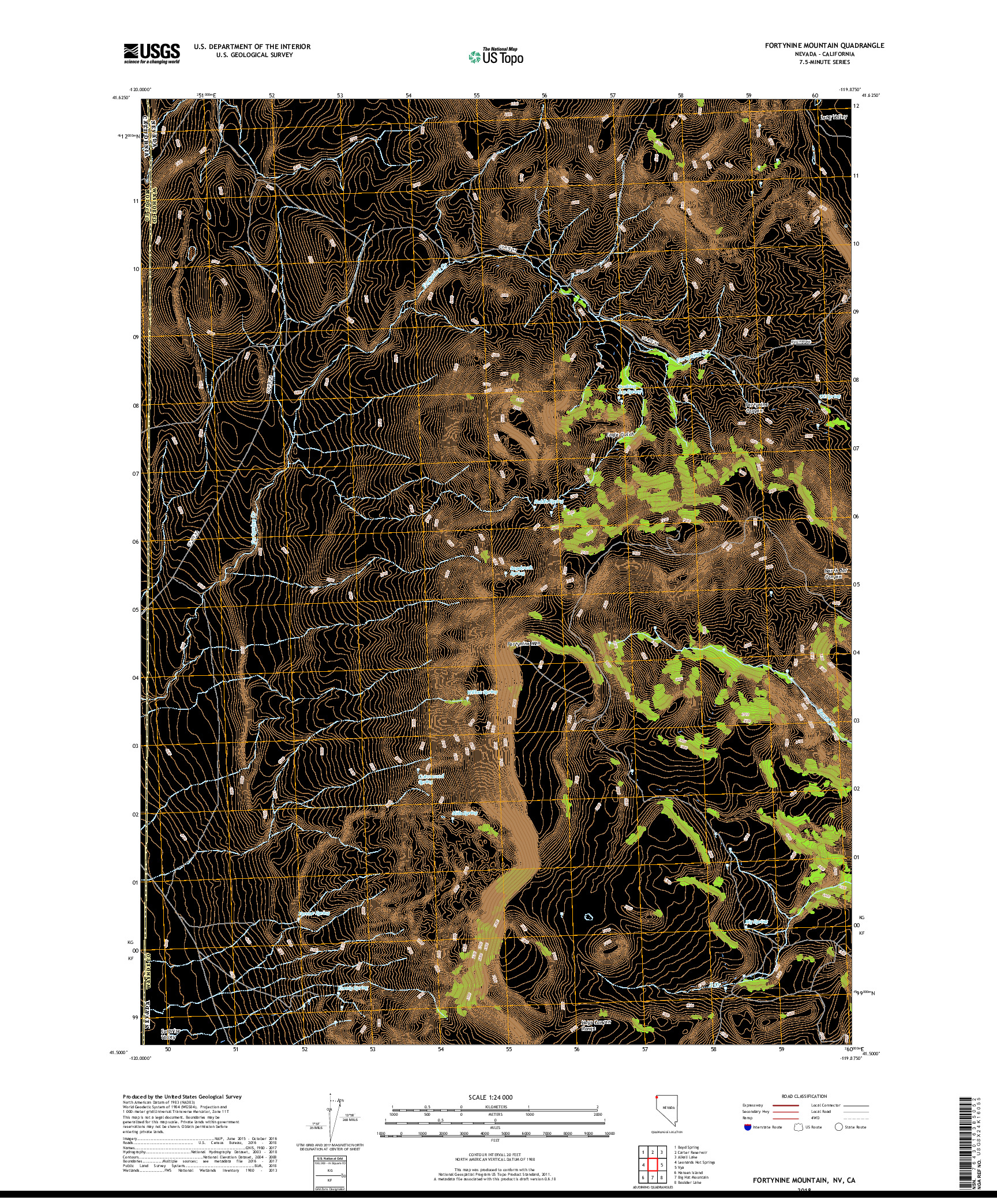 USGS US TOPO 7.5-MINUTE MAP FOR FORTYNINE MOUNTAIN, NV,CA 2018