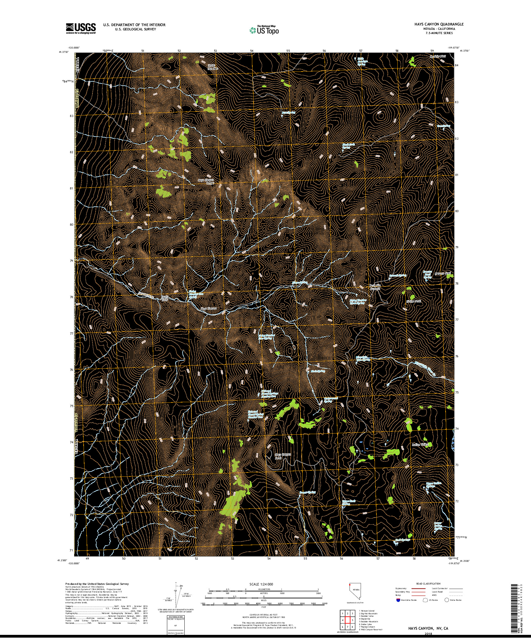 USGS US TOPO 7.5-MINUTE MAP FOR HAYS CANYON, NV,CA 2018