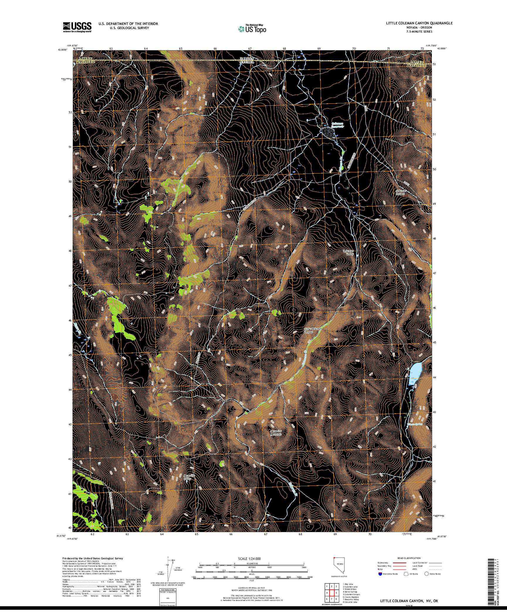 USGS US TOPO 7.5-MINUTE MAP FOR LITTLE COLEMAN CANYON, NV,OR 2018