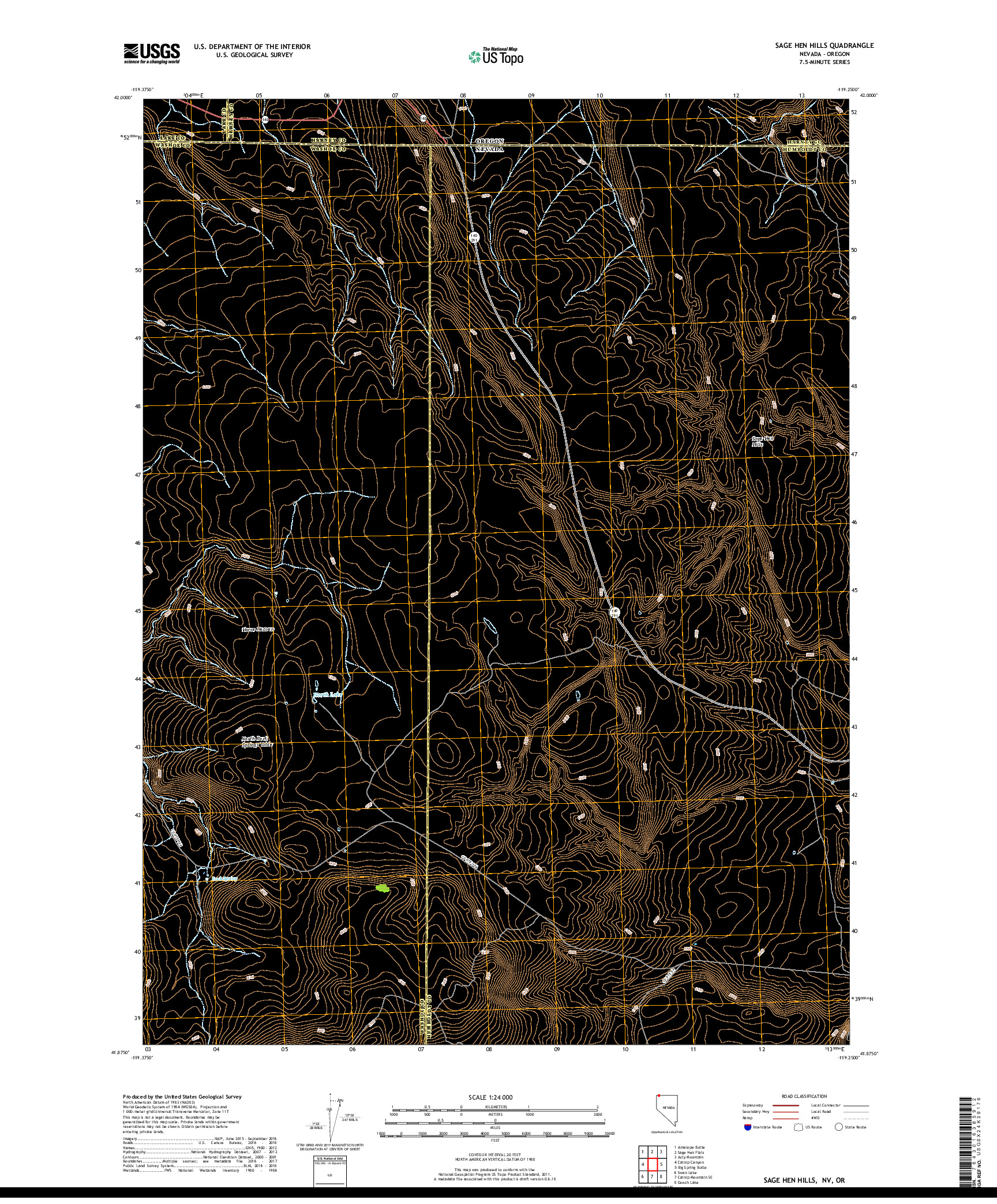 USGS US TOPO 7.5-MINUTE MAP FOR SAGE HEN HILLS, NV,OR 2018