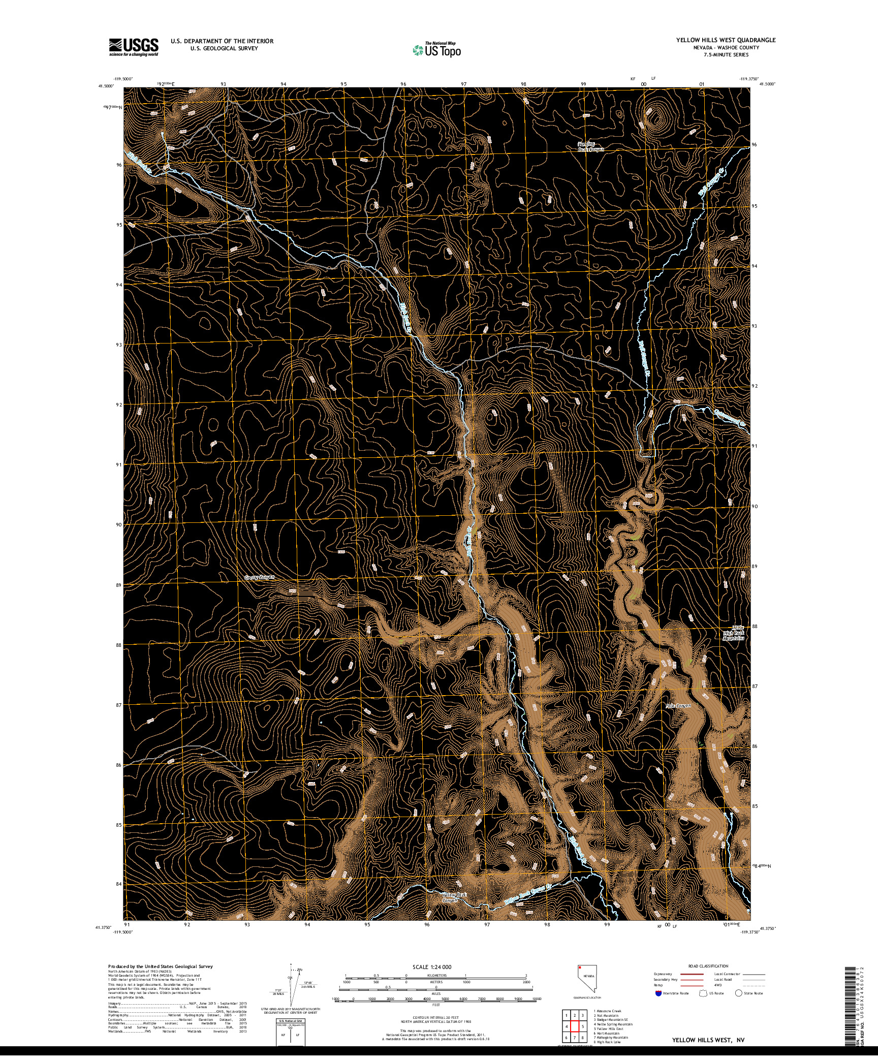 USGS US TOPO 7.5-MINUTE MAP FOR YELLOW HILLS WEST, NV 2018