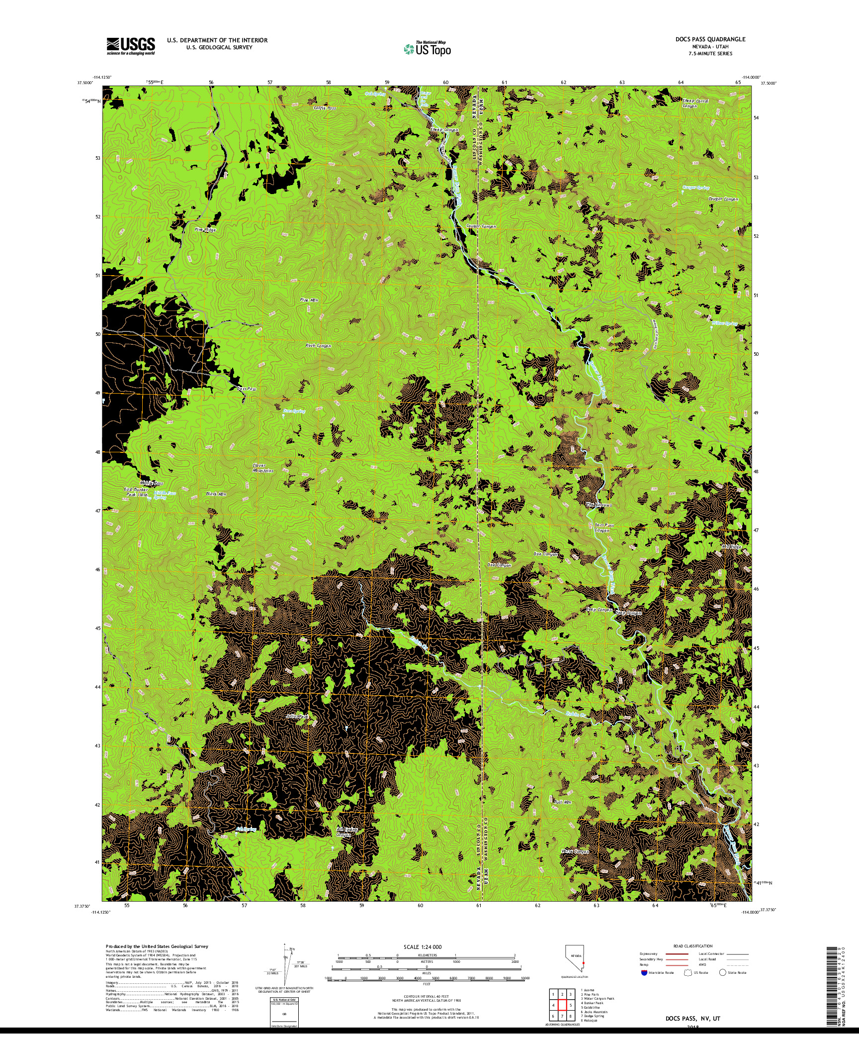 USGS US TOPO 7.5-MINUTE MAP FOR DOCS PASS, NV,UT 2018