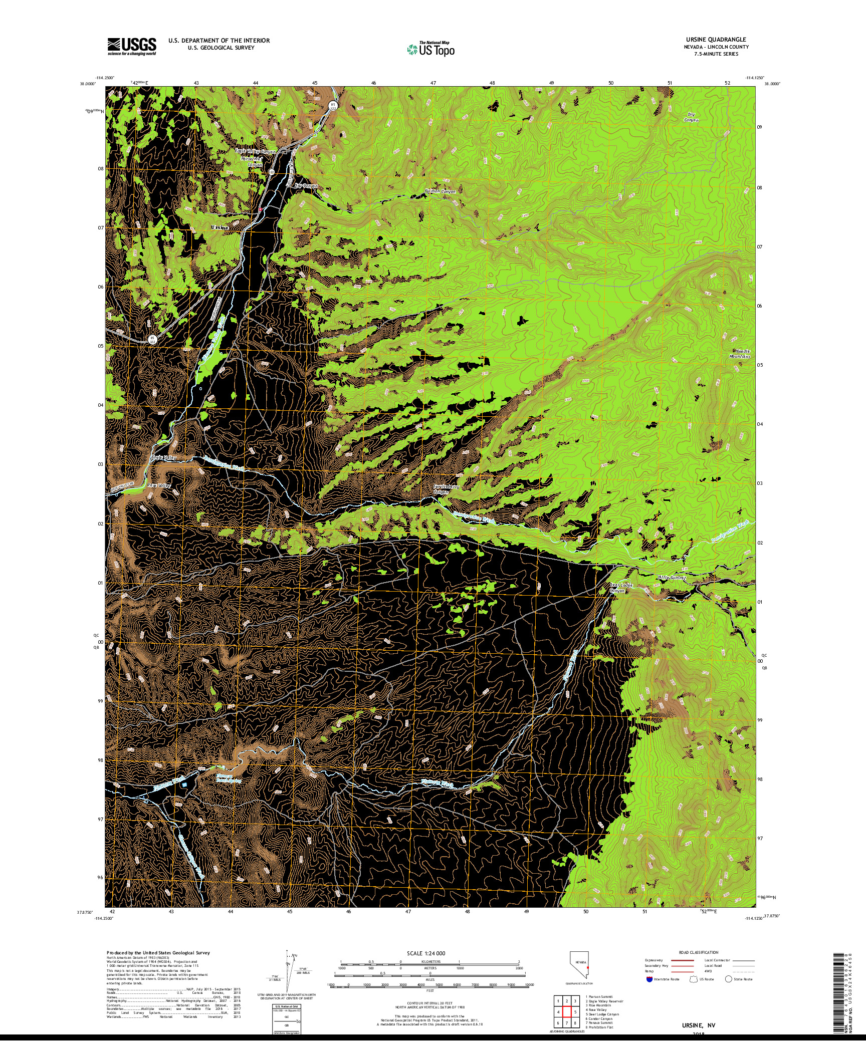 USGS US TOPO 7.5-MINUTE MAP FOR URSINE, NV 2018