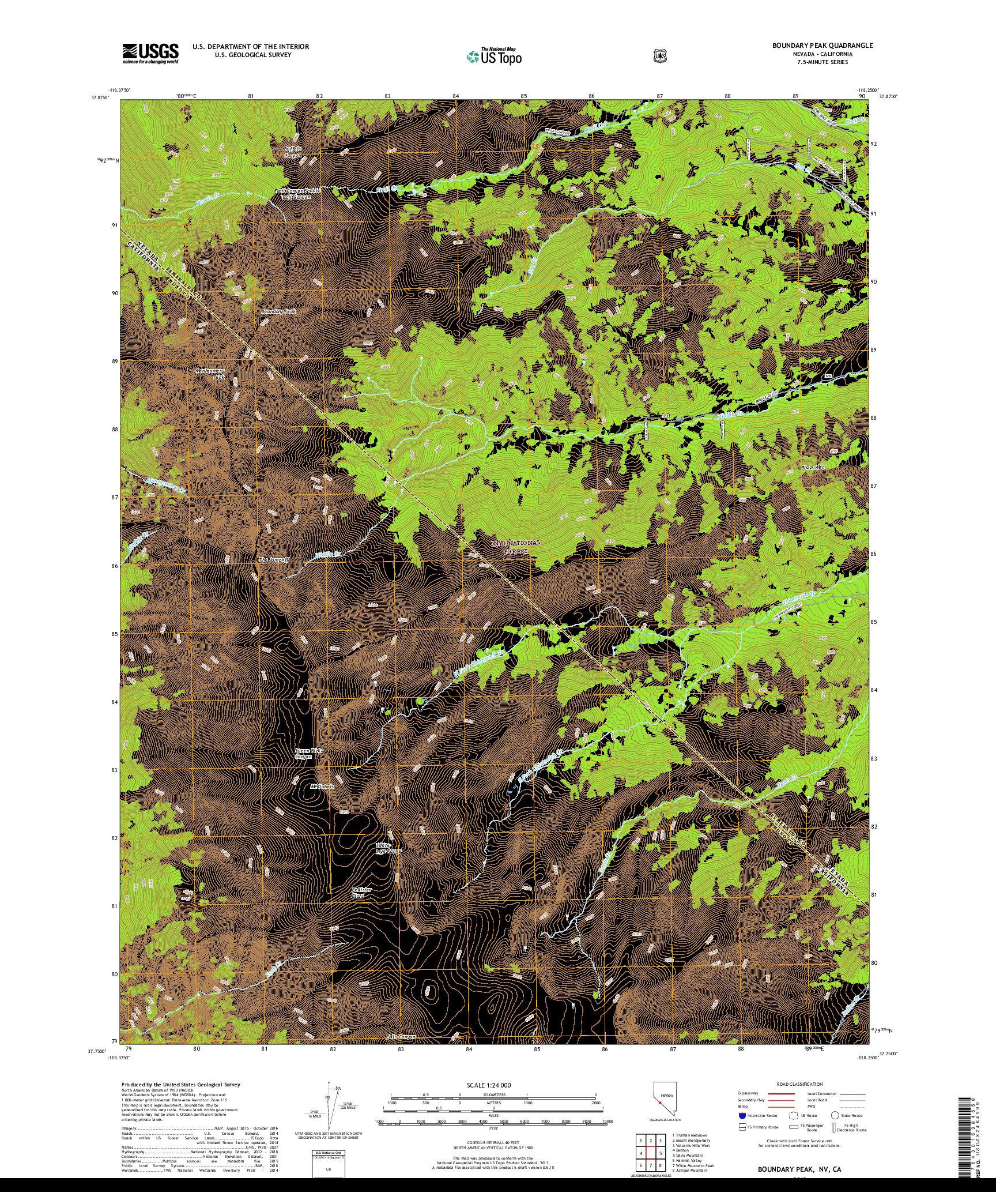 USGS US TOPO 7.5-MINUTE MAP FOR BOUNDARY PEAK, NV,CA 2018
