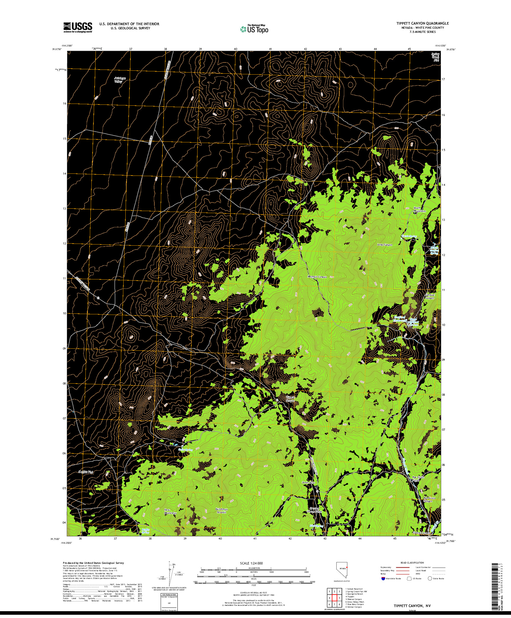 USGS US TOPO 7.5-MINUTE MAP FOR TIPPETT CANYON, NV 2018