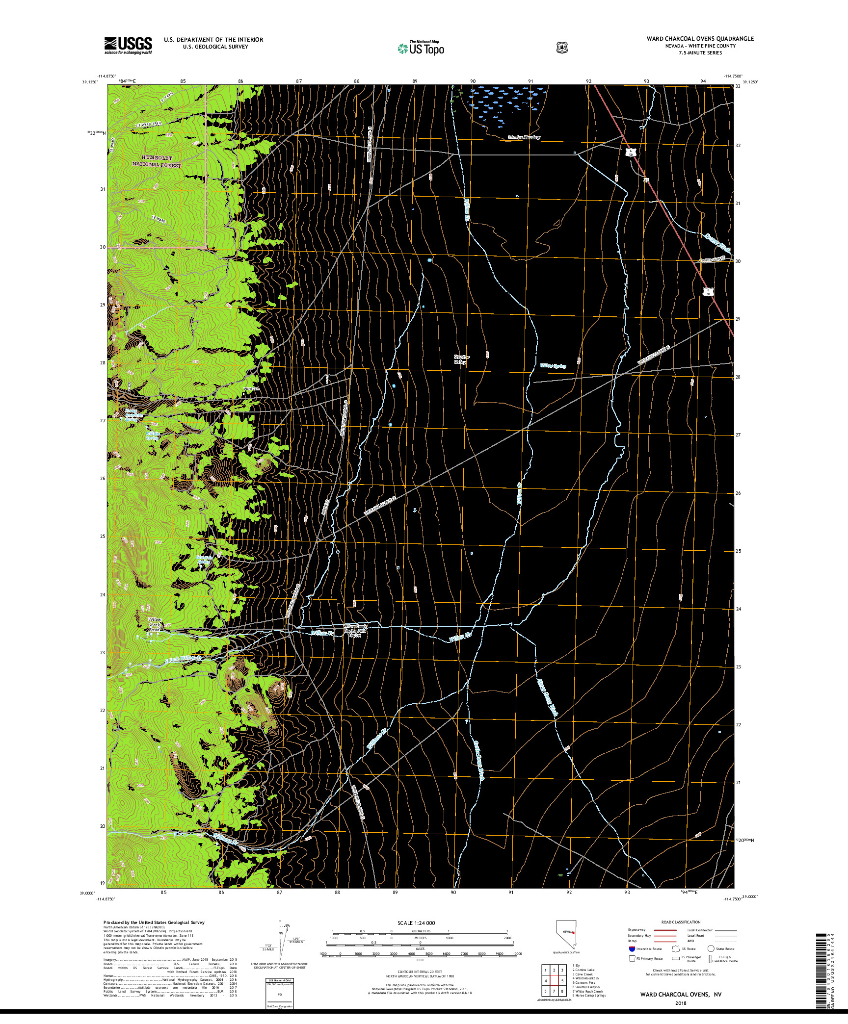 USGS US TOPO 7.5-MINUTE MAP FOR WARD CHARCOAL OVENS, NV 2018