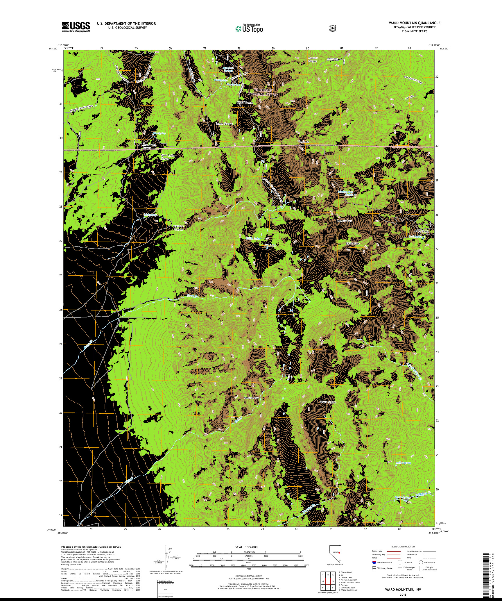 USGS US TOPO 7.5-MINUTE MAP FOR WARD MOUNTAIN, NV 2018