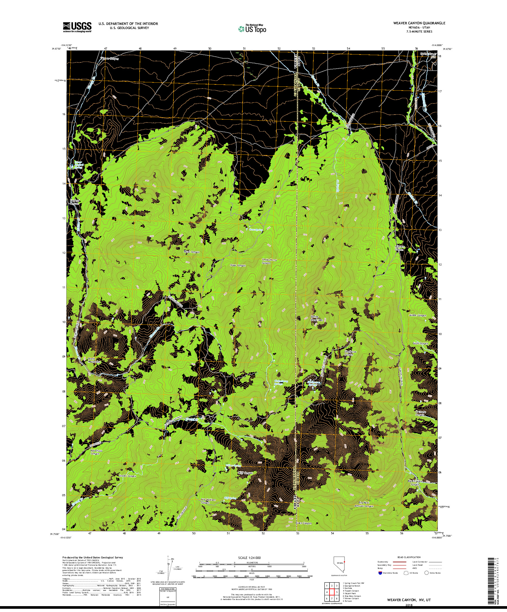 USGS US TOPO 7.5-MINUTE MAP FOR WEAVER CANYON, NV,UT 2018