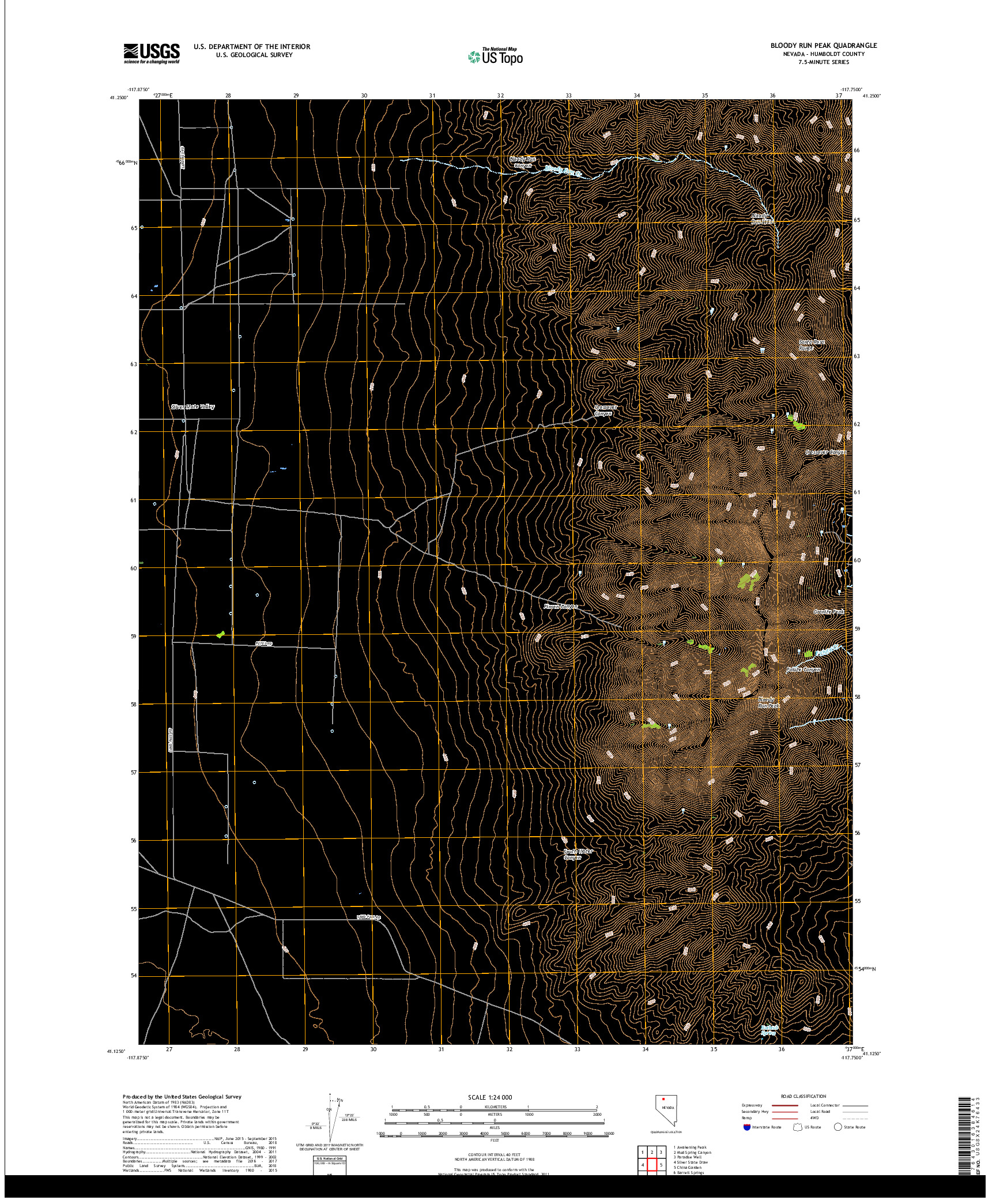 USGS US TOPO 7.5-MINUTE MAP FOR BLOODY RUN PEAK, NV 2018