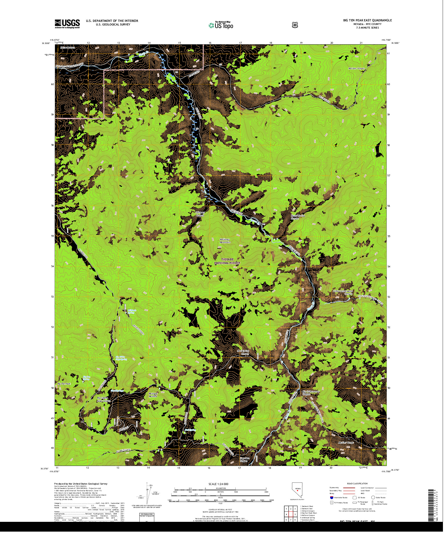 USGS US TOPO 7.5-MINUTE MAP FOR BIG TEN PEAK EAST, NV 2018