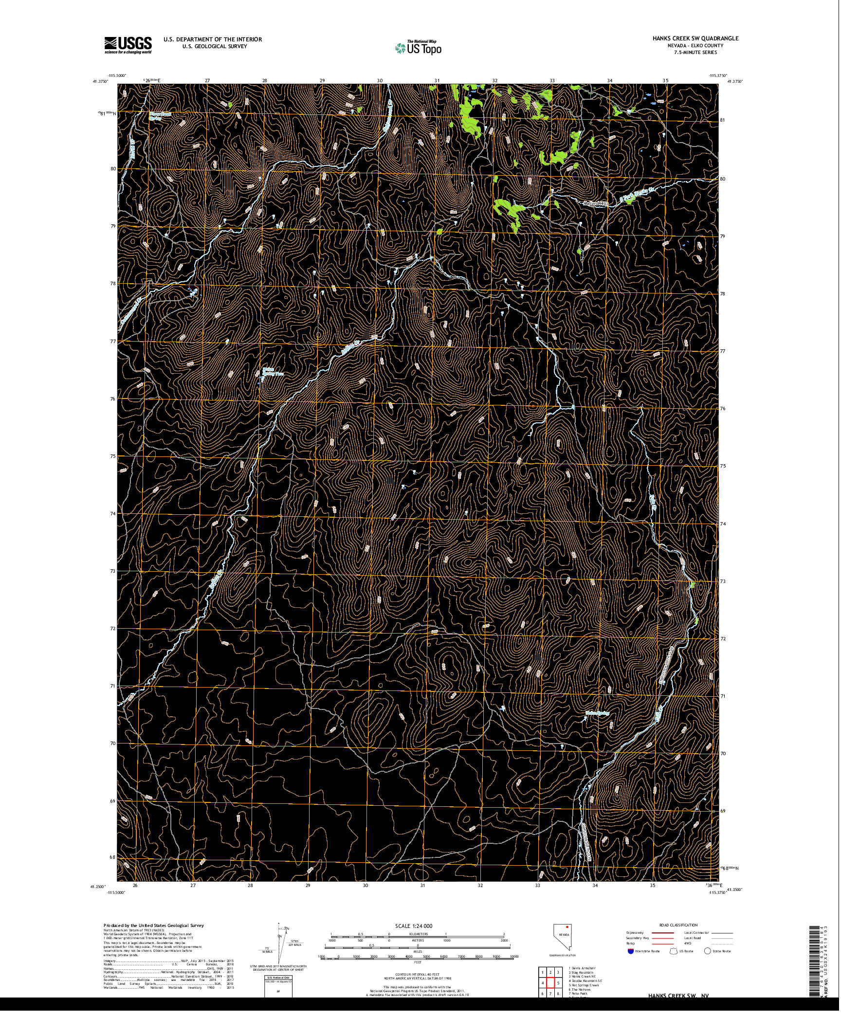 USGS US TOPO 7.5-MINUTE MAP FOR HANKS CREEK SW, NV 2018