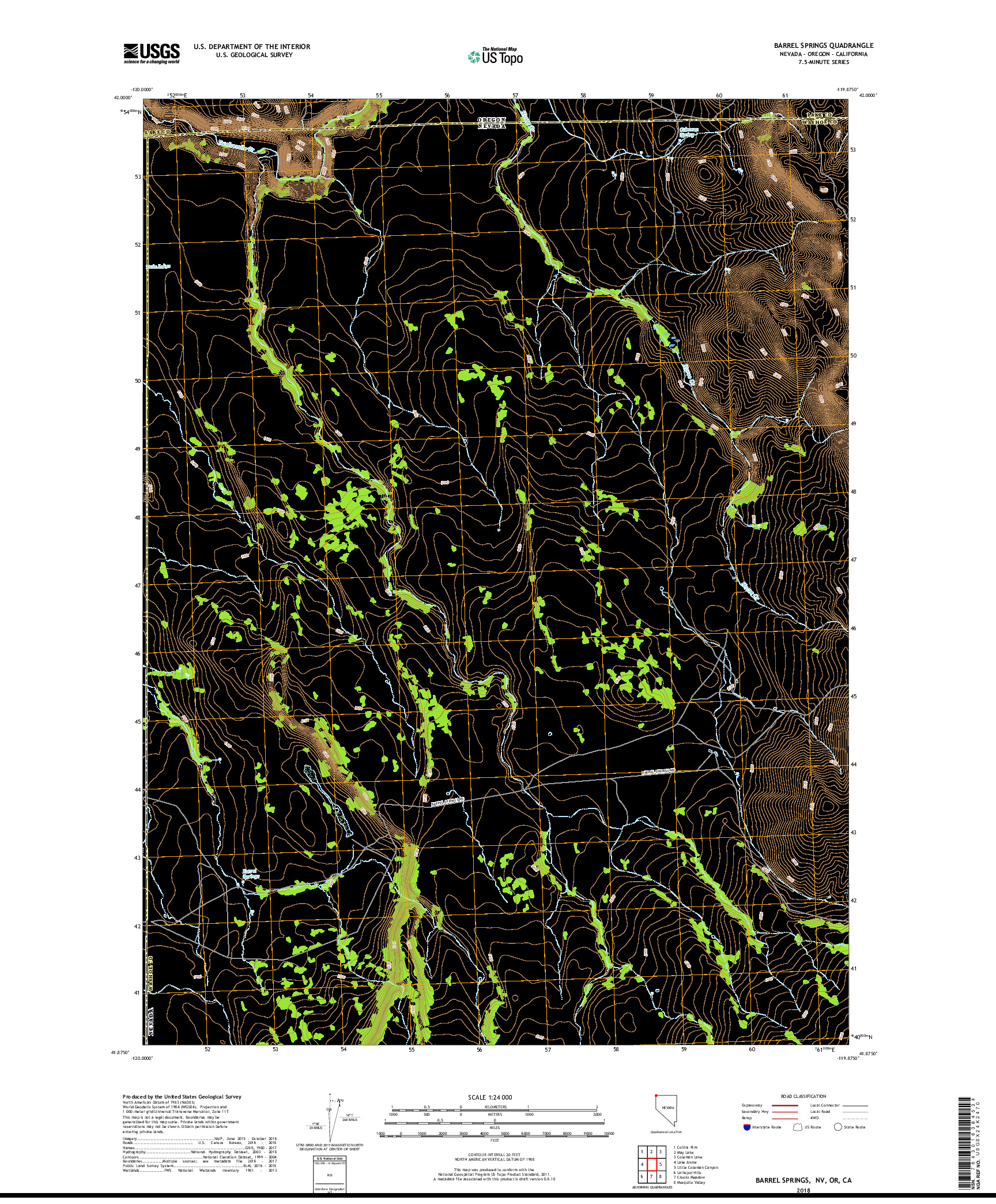 USGS US TOPO 7.5-MINUTE MAP FOR BARREL SPRINGS, NV,OR,CA 2018