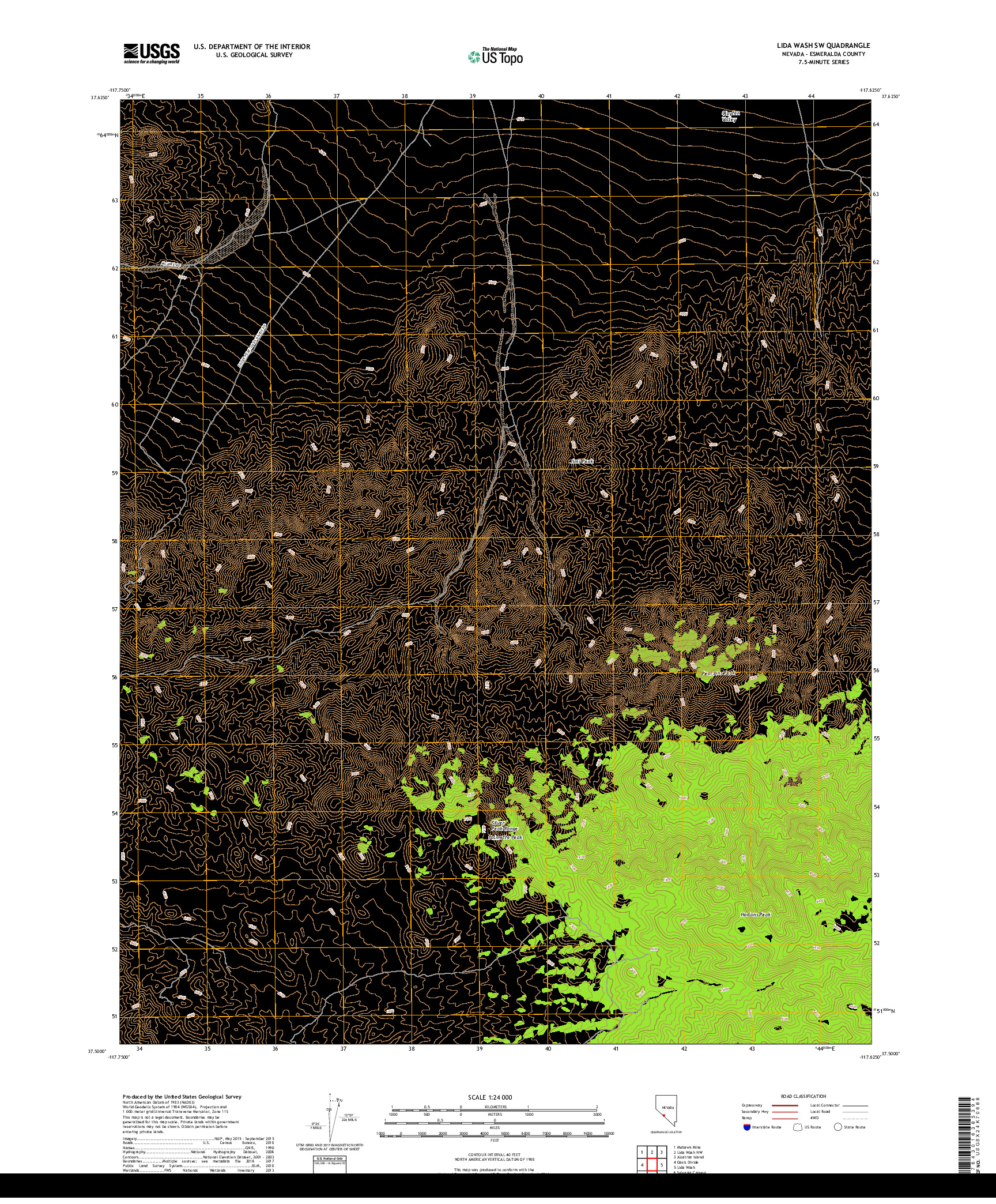 USGS US TOPO 7.5-MINUTE MAP FOR LIDA WASH SW, NV 2018