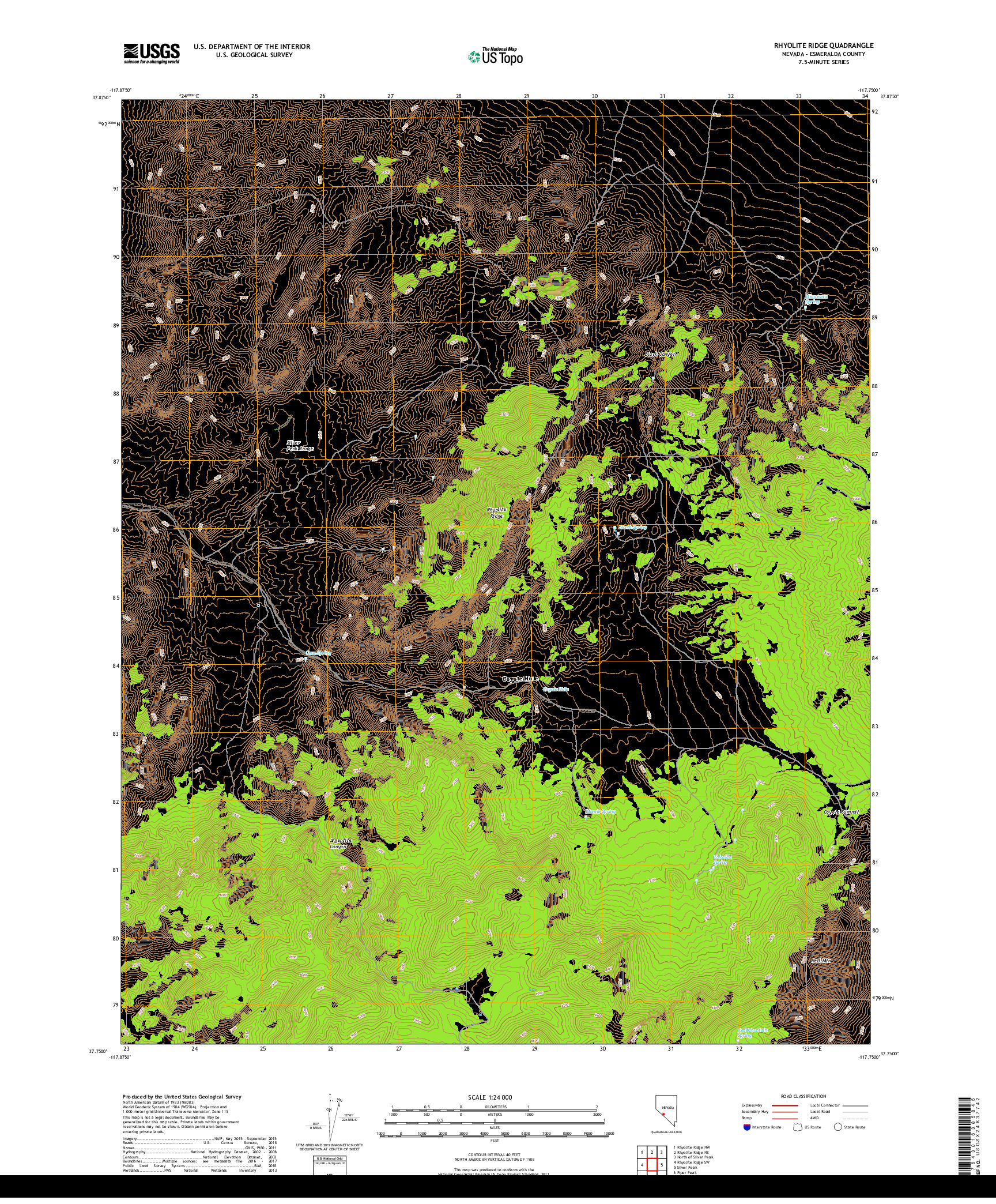 USGS US TOPO 7.5-MINUTE MAP FOR RHYOLITE RIDGE, NV 2018