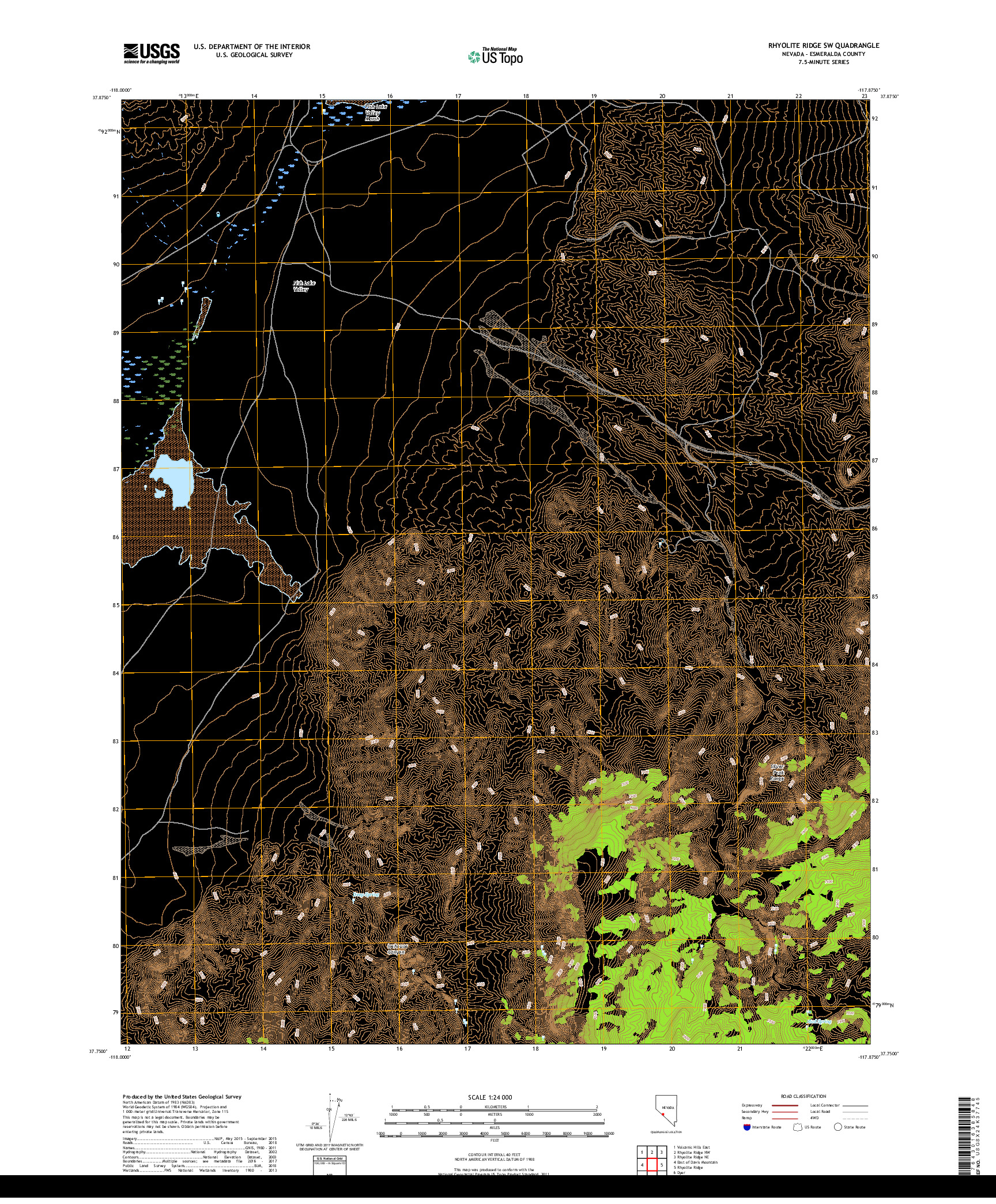 USGS US TOPO 7.5-MINUTE MAP FOR RHYOLITE RIDGE SW, NV 2018