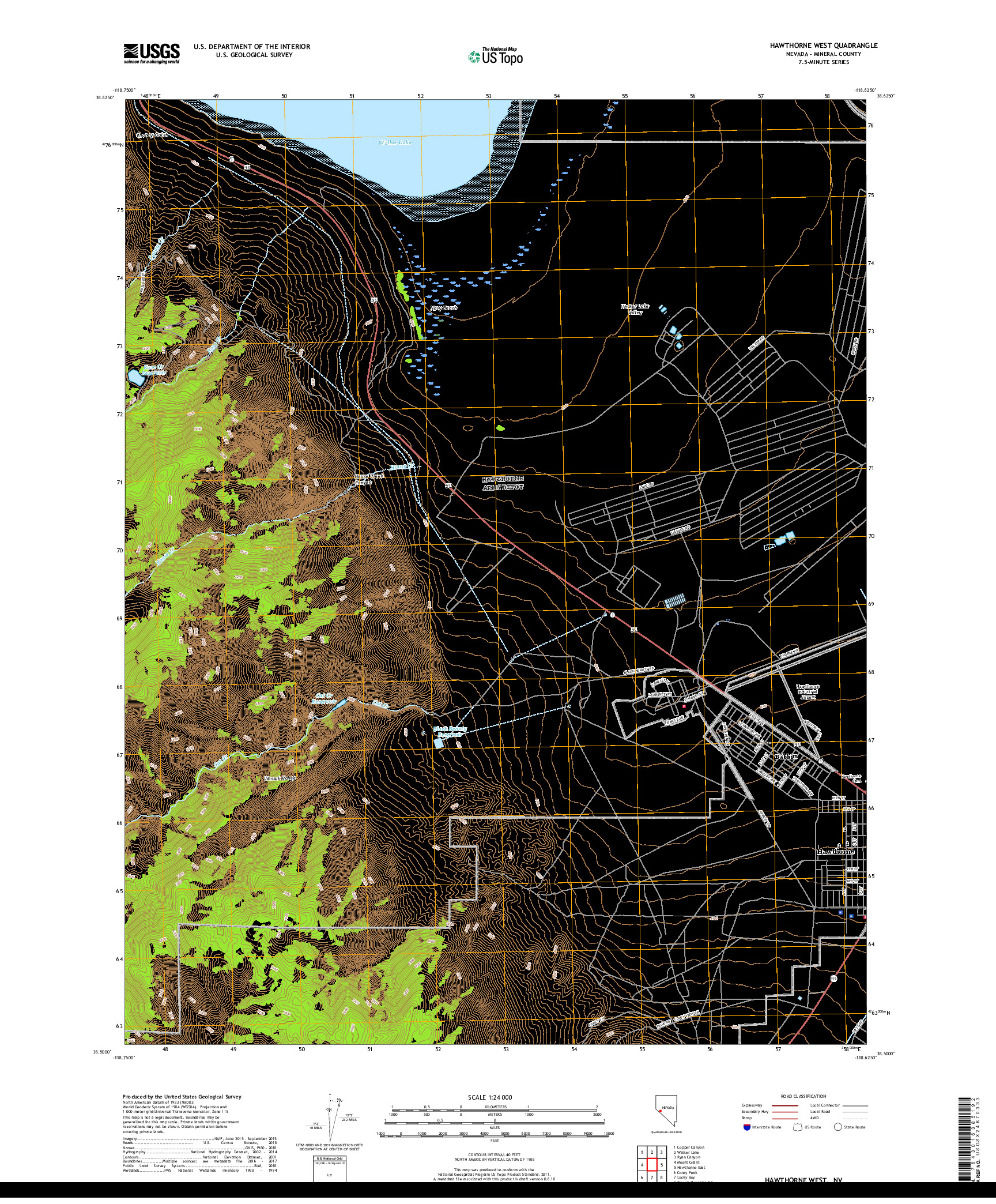 USGS US TOPO 7.5-MINUTE MAP FOR HAWTHORNE WEST, NV 2018
