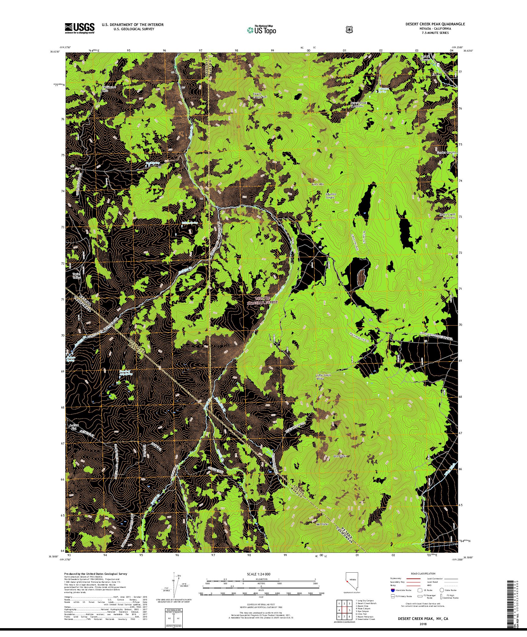 USGS US TOPO 7.5-MINUTE MAP FOR DESERT CREEK PEAK, NV,CA 2018