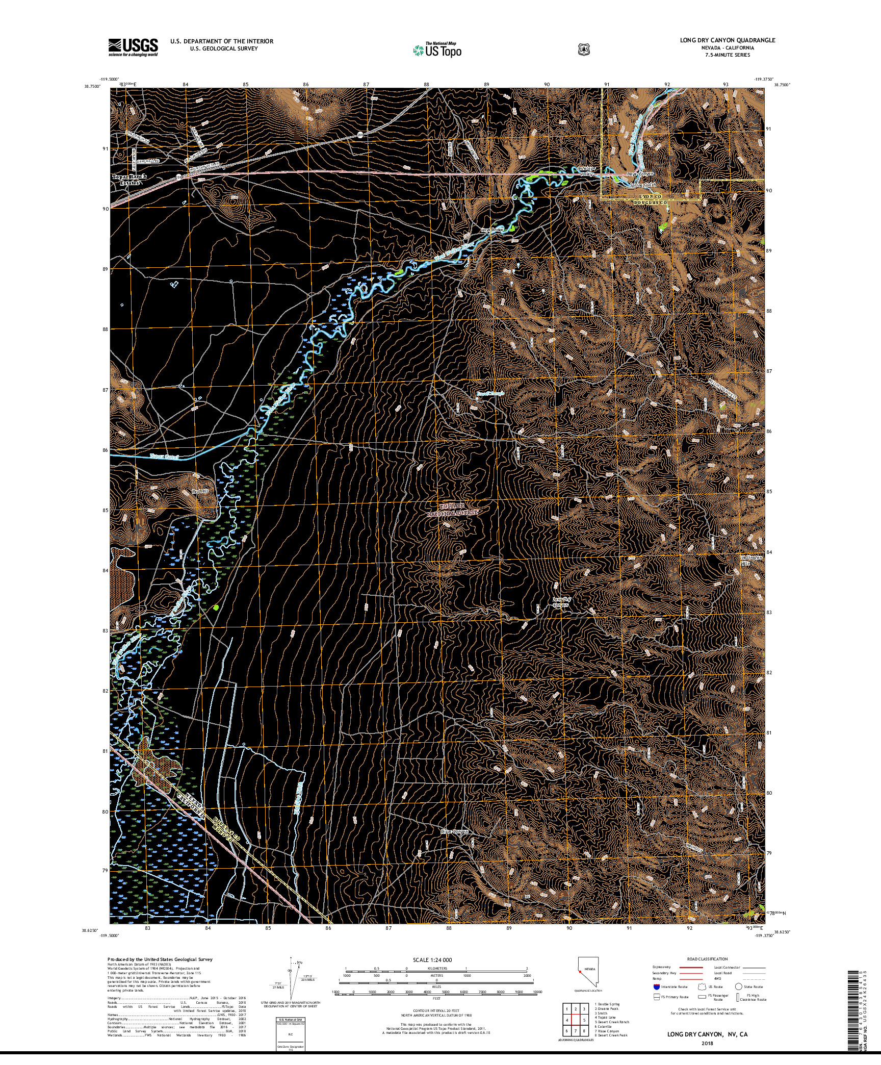 USGS US TOPO 7.5-MINUTE MAP FOR LONG DRY CANYON, NV,CA 2018