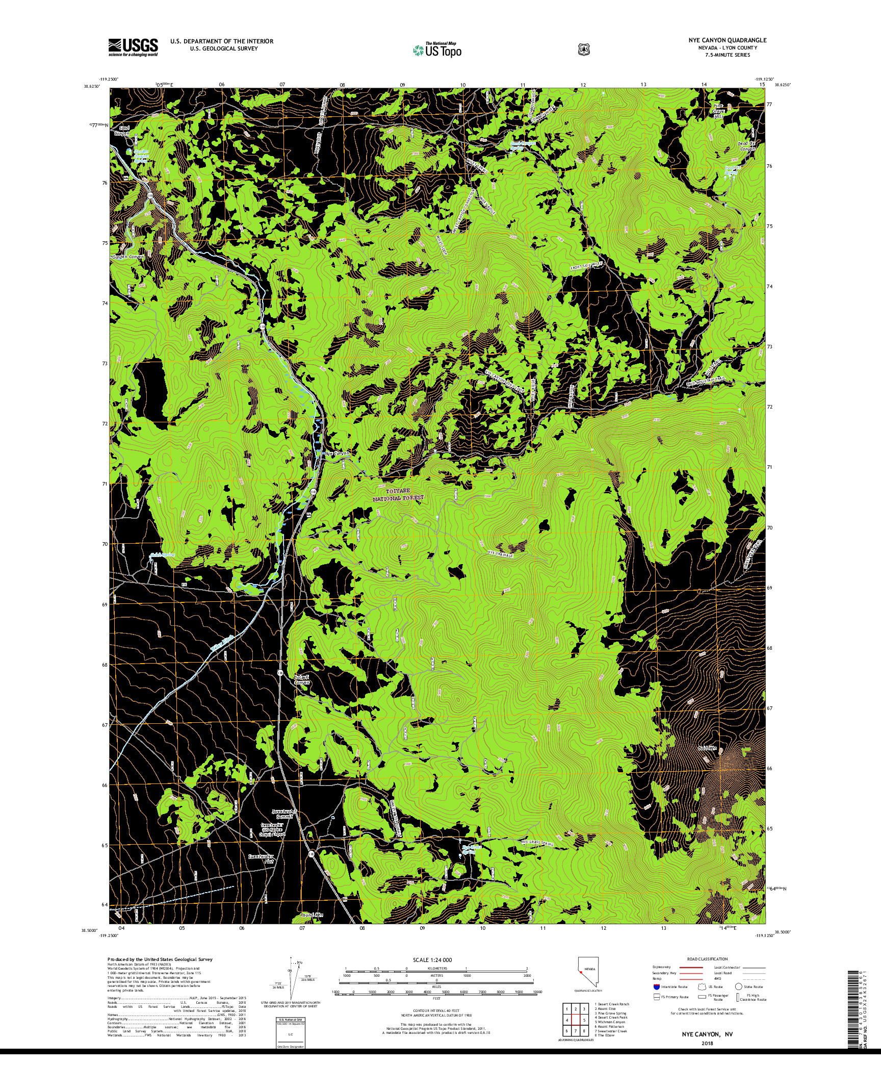 USGS US TOPO 7.5-MINUTE MAP FOR NYE CANYON, NV 2018