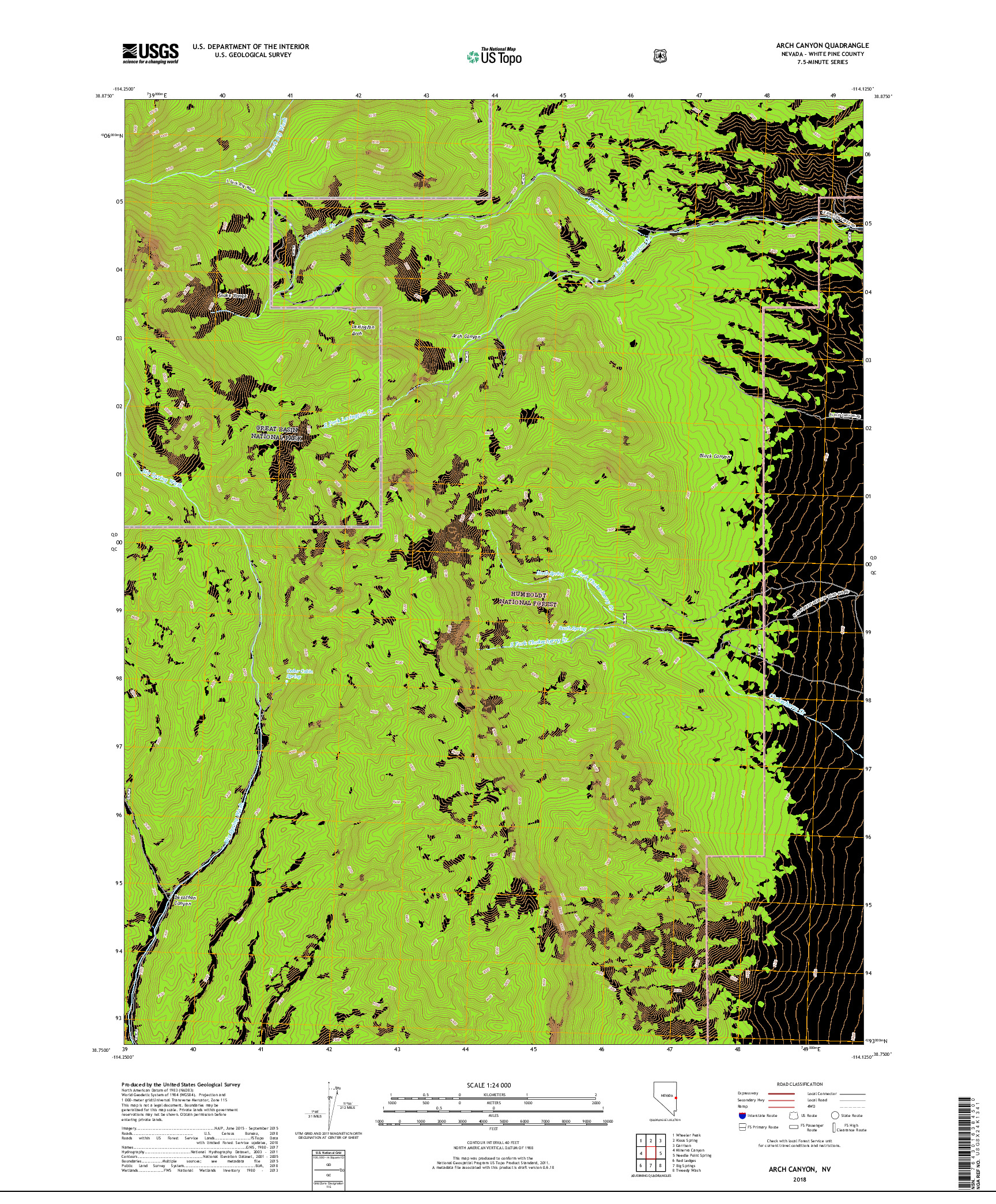 USGS US TOPO 7.5-MINUTE MAP FOR ARCH CANYON, NV 2018