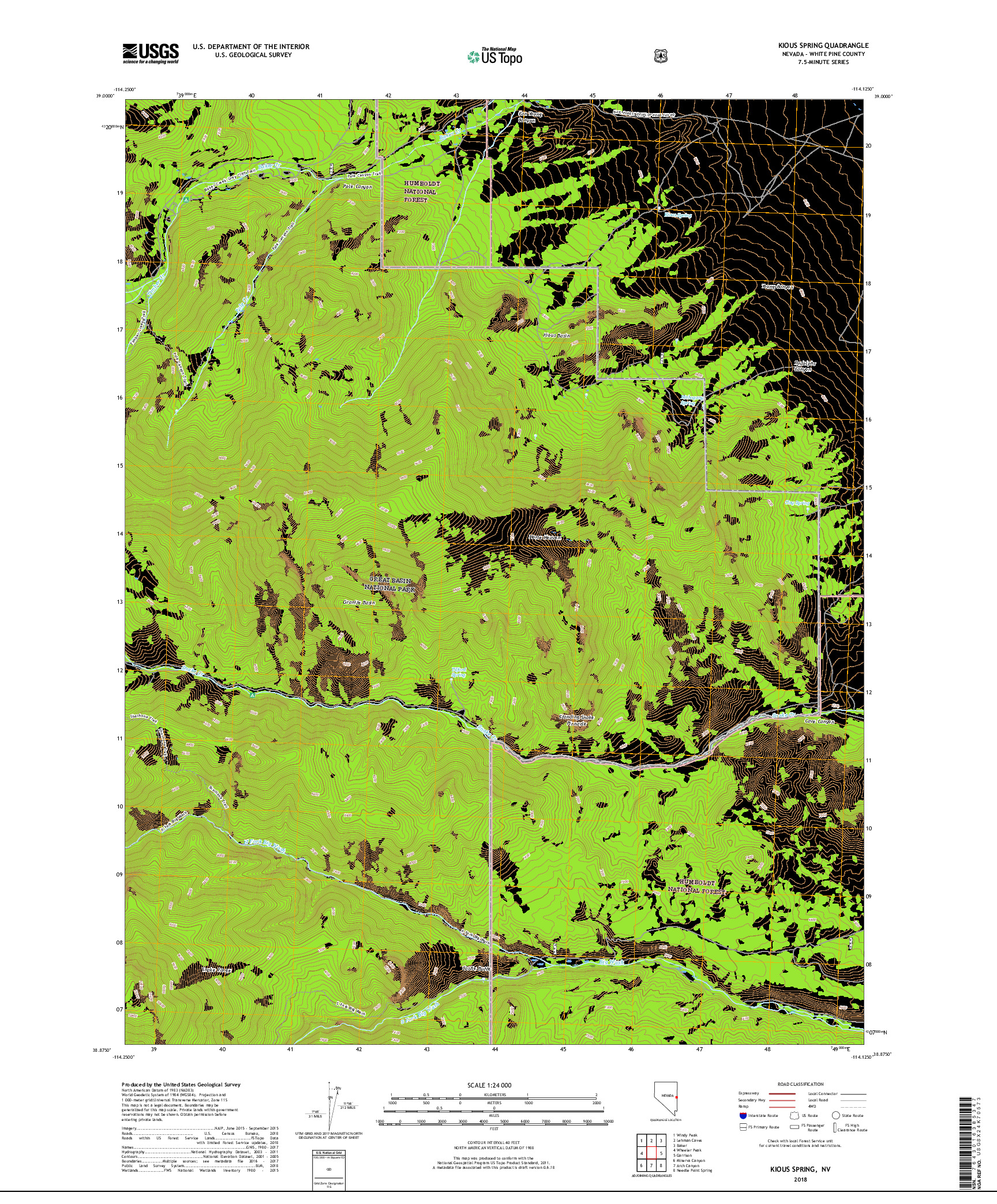 USGS US TOPO 7.5-MINUTE MAP FOR KIOUS SPRING, NV 2018