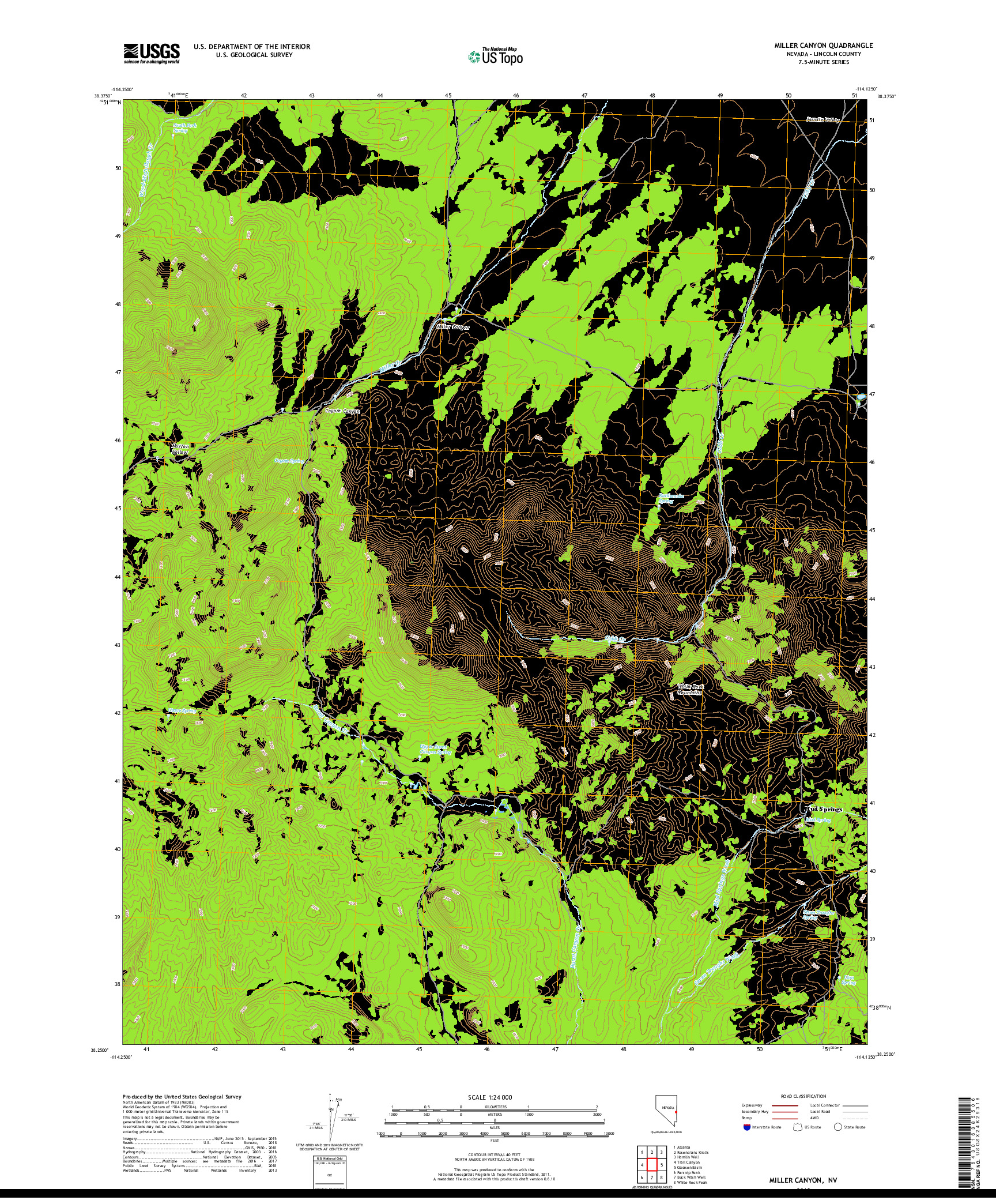 USGS US TOPO 7.5-MINUTE MAP FOR MILLER CANYON, NV 2018