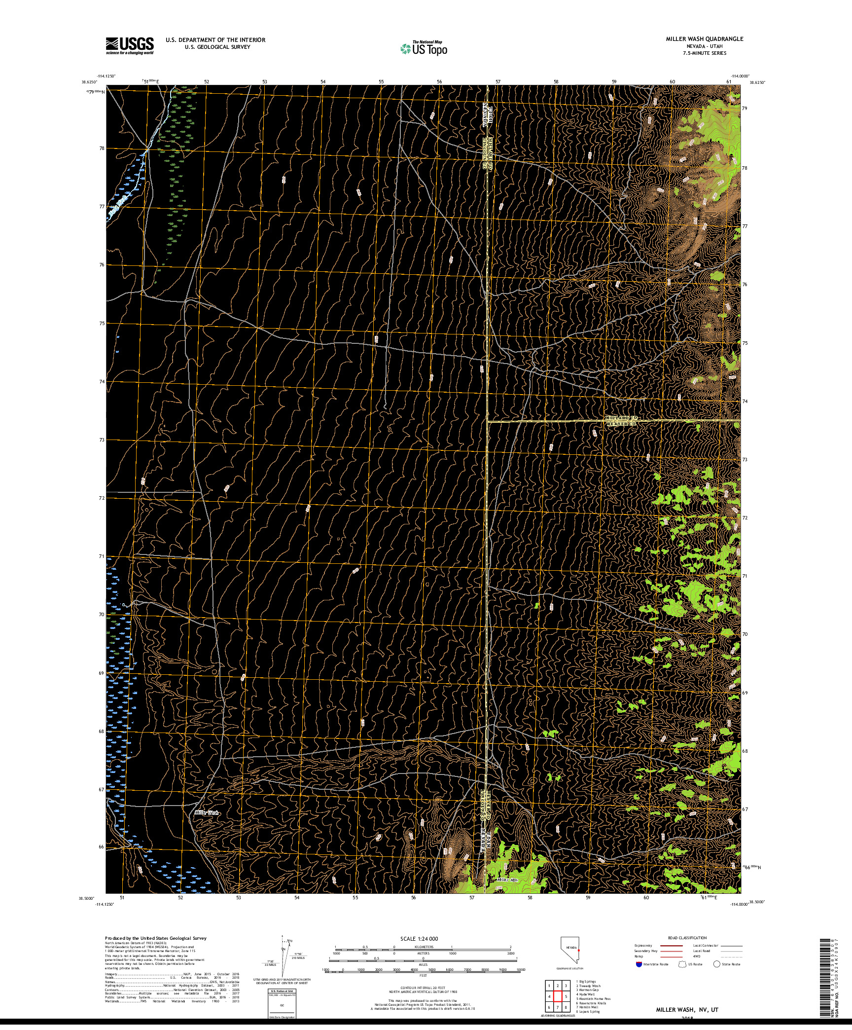 USGS US TOPO 7.5-MINUTE MAP FOR MILLER WASH, NV,UT 2018