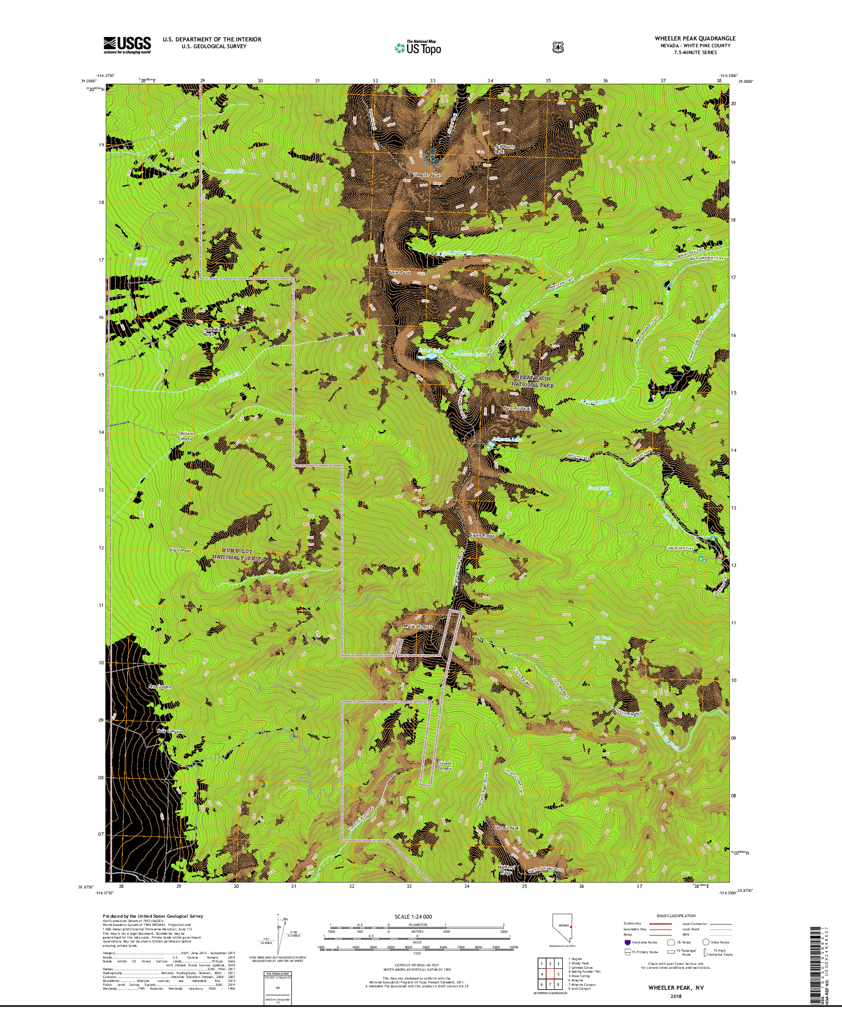 USGS US TOPO 7.5-MINUTE MAP FOR WHEELER PEAK, NV 2018