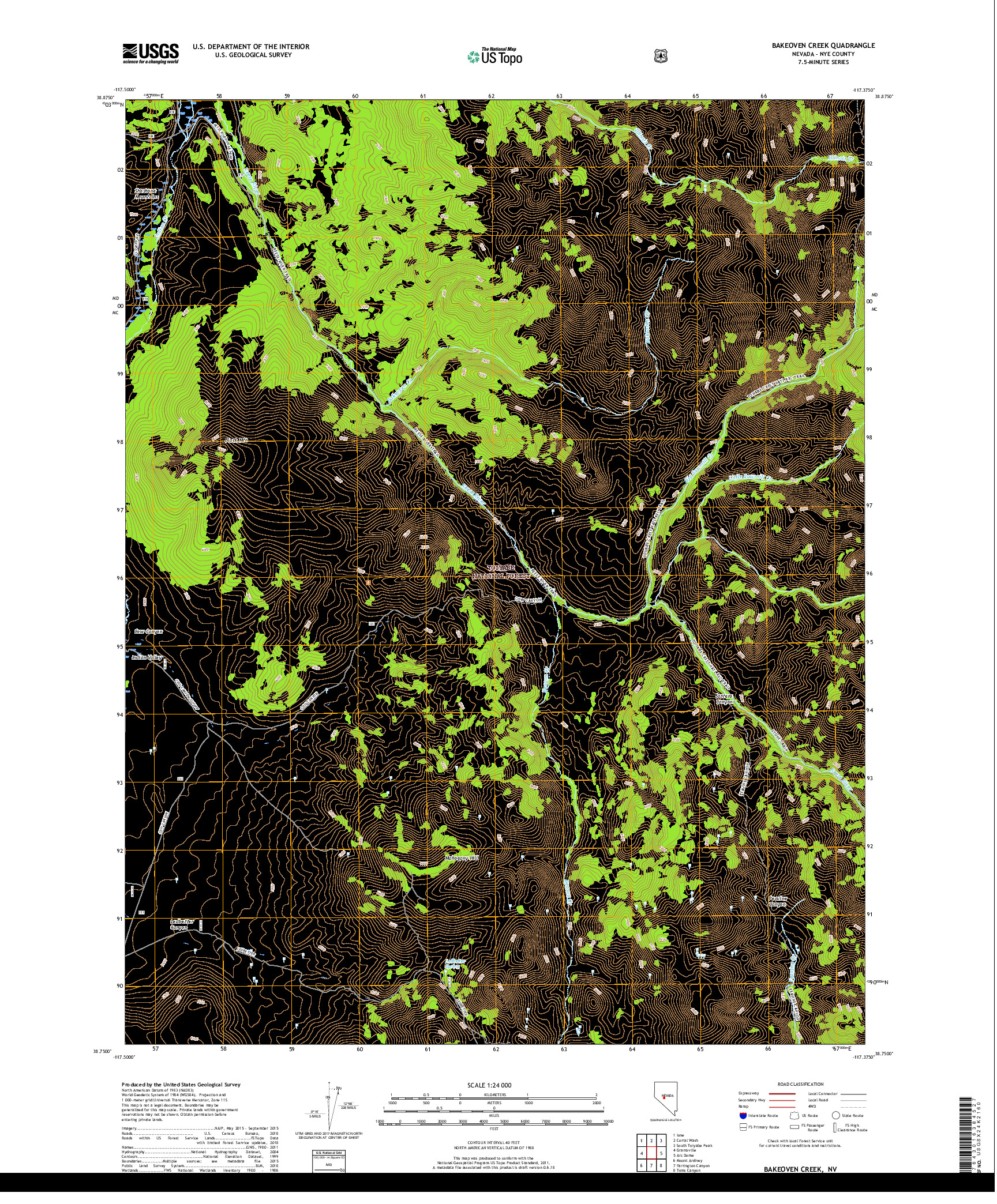 USGS US TOPO 7.5-MINUTE MAP FOR BAKEOVEN CREEK, NV 2018