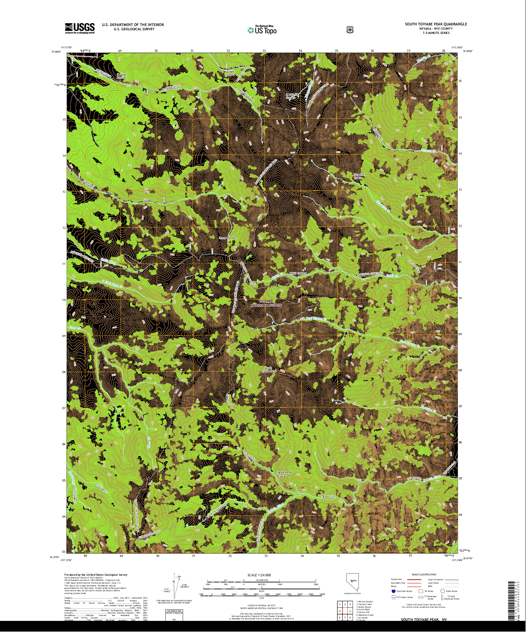 USGS US TOPO 7.5-MINUTE MAP FOR SOUTH TOIYABE PEAK, NV 2018