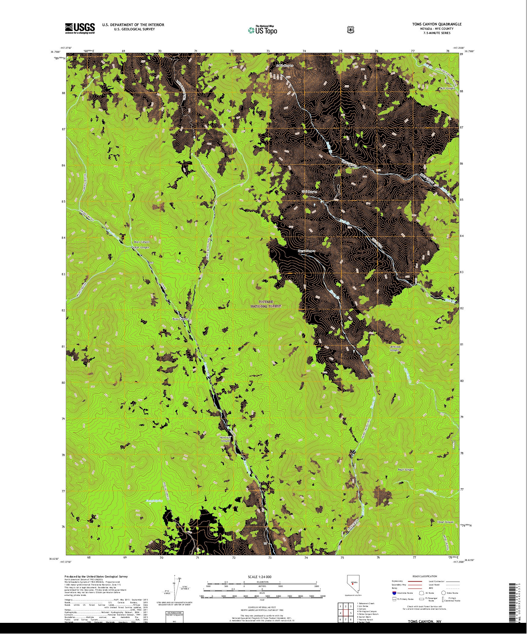 USGS US TOPO 7.5-MINUTE MAP FOR TOMS CANYON, NV 2018