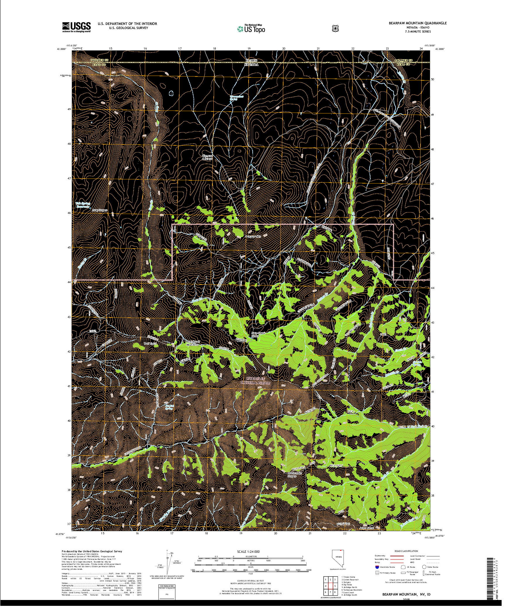 USGS US TOPO 7.5-MINUTE MAP FOR BEARPAW MOUNTAIN, NV,ID 2018