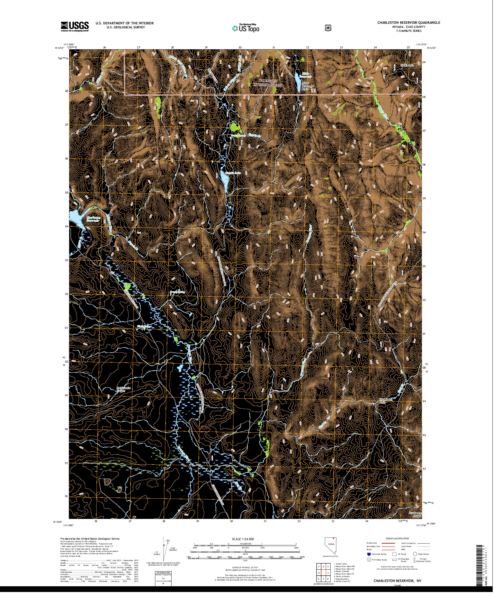 USGS US TOPO 7.5-MINUTE MAP FOR CHARLESTON RESERVOIR, NV 2018