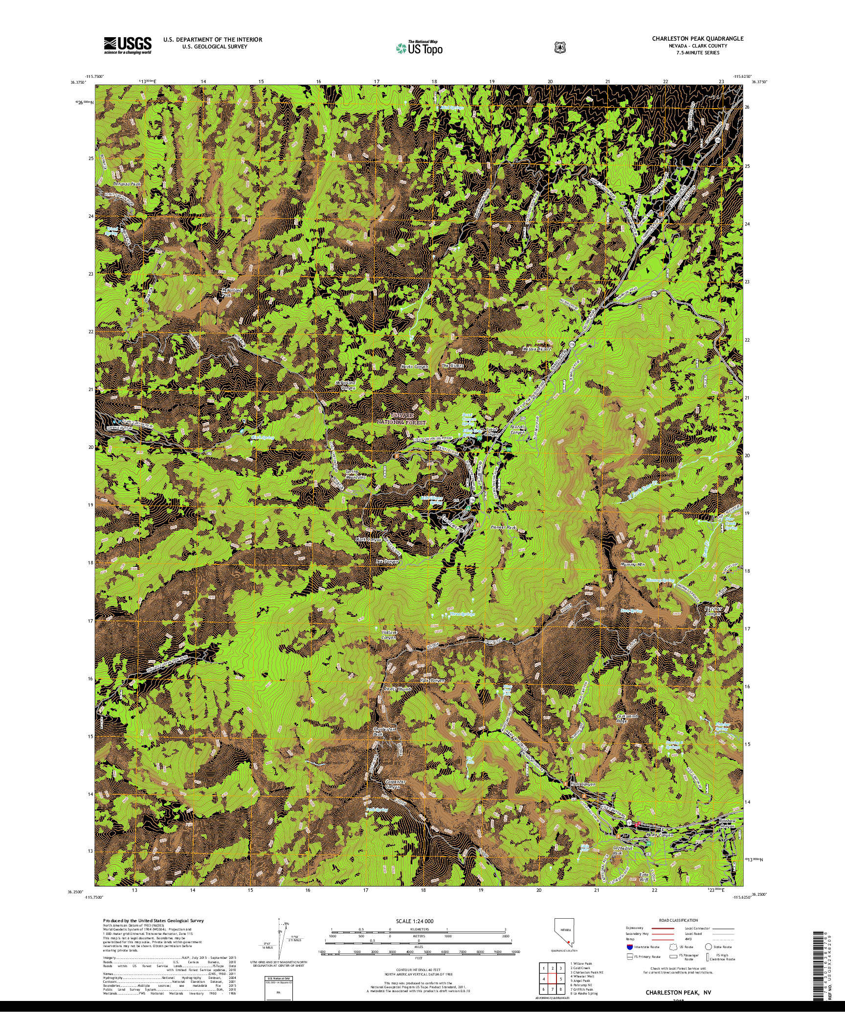 USGS US TOPO 7.5-MINUTE MAP FOR CHARLESTON PEAK, NV 2018