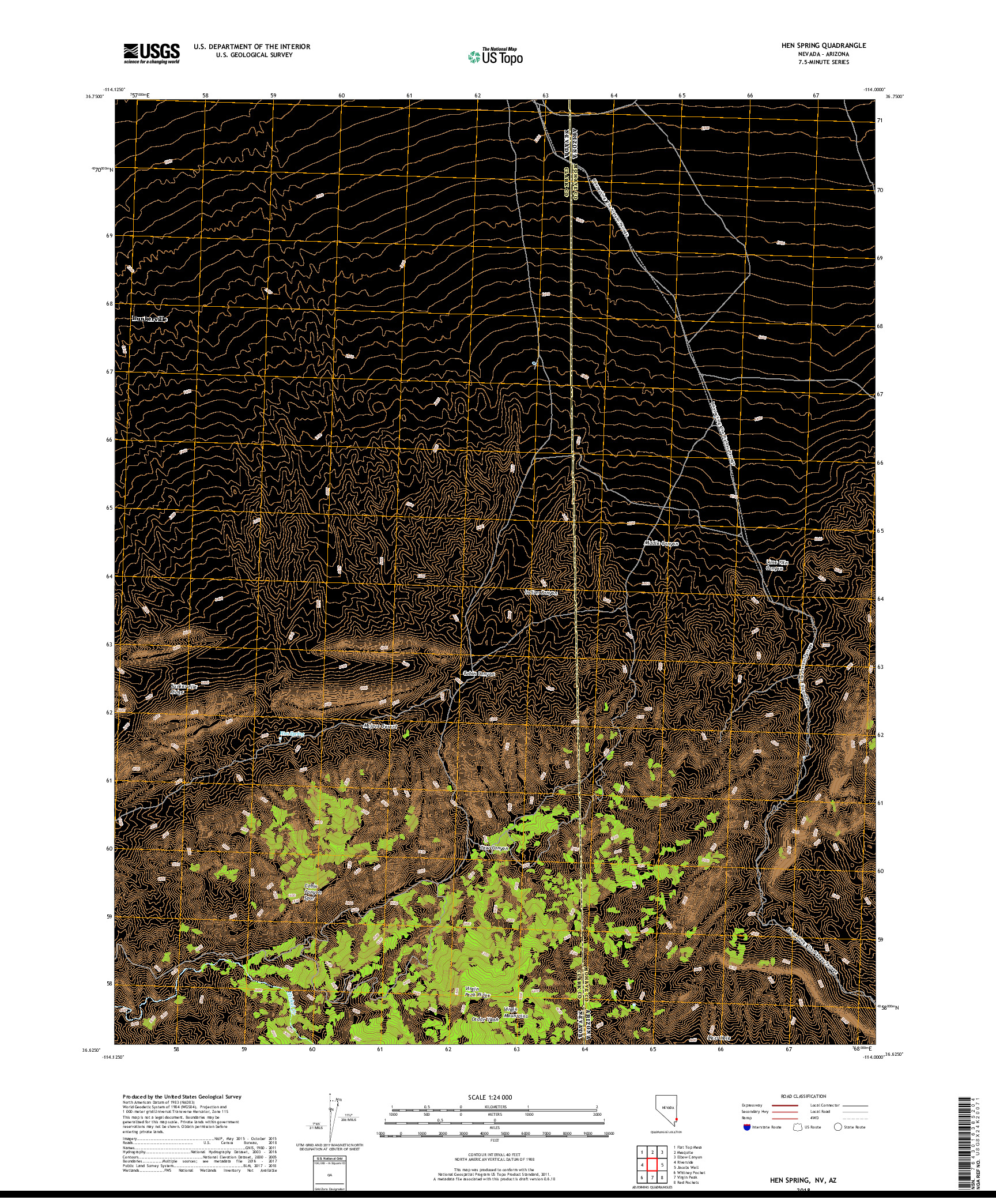 USGS US TOPO 7.5-MINUTE MAP FOR HEN SPRING, NV,AZ 2018